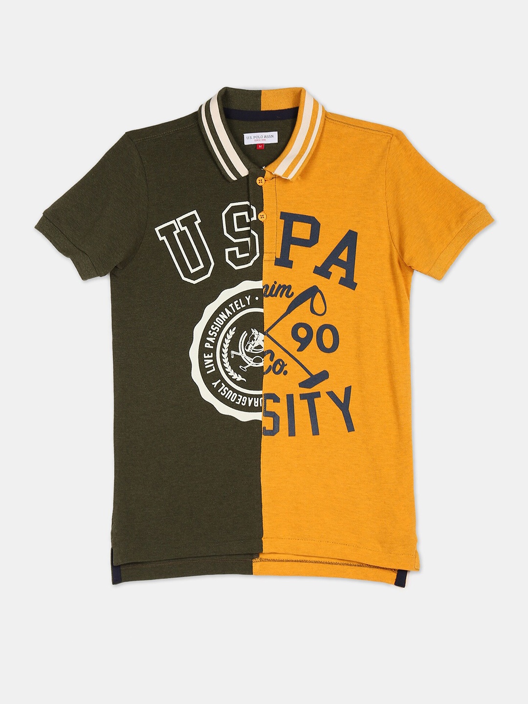 

U.S. Polo Assn. Boys Green & Mustard Yellow Colourblocked Polo Collar T-shirt