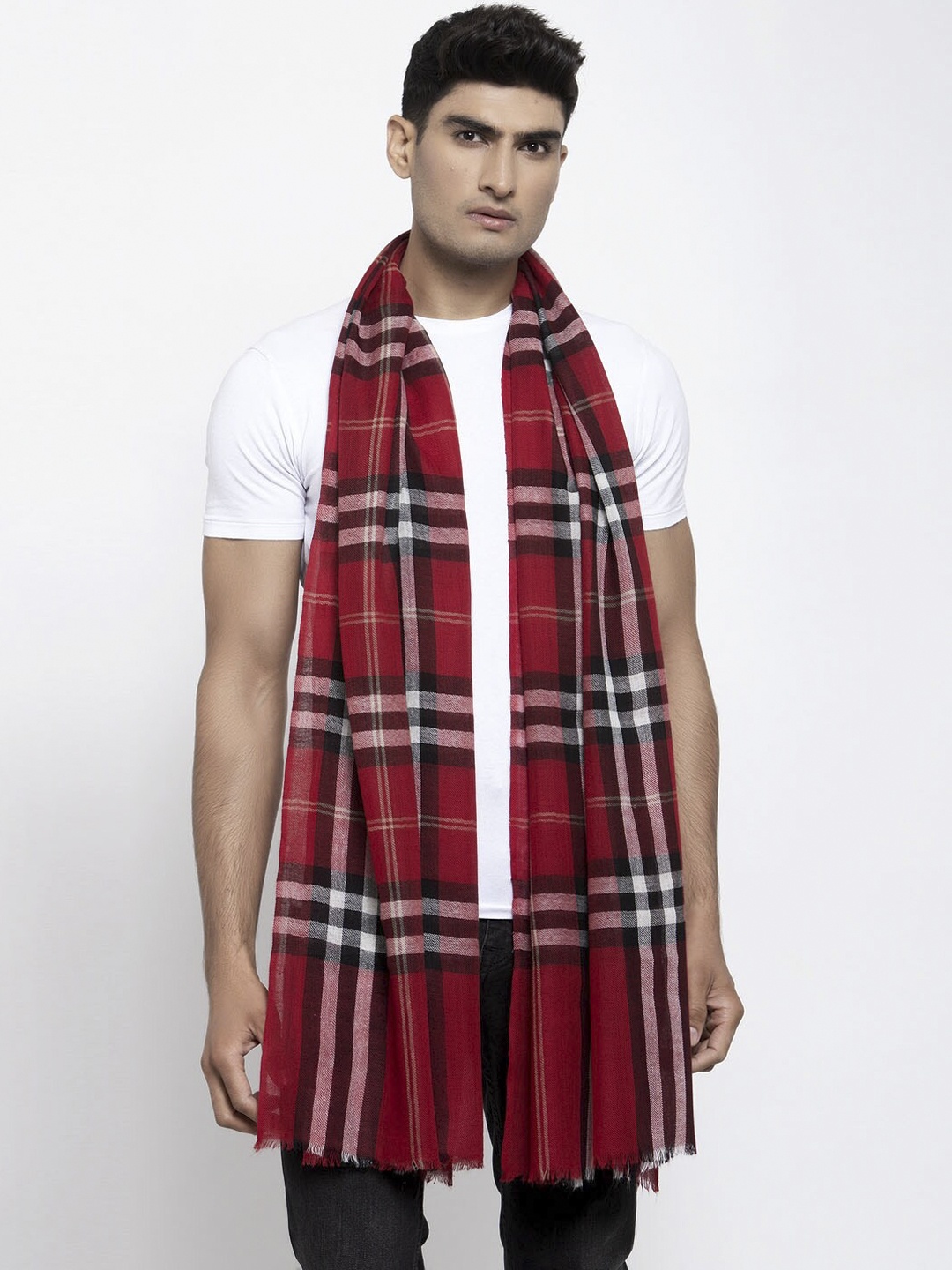 

Calvadoss Men Red & Black Checked Woollen Muffler