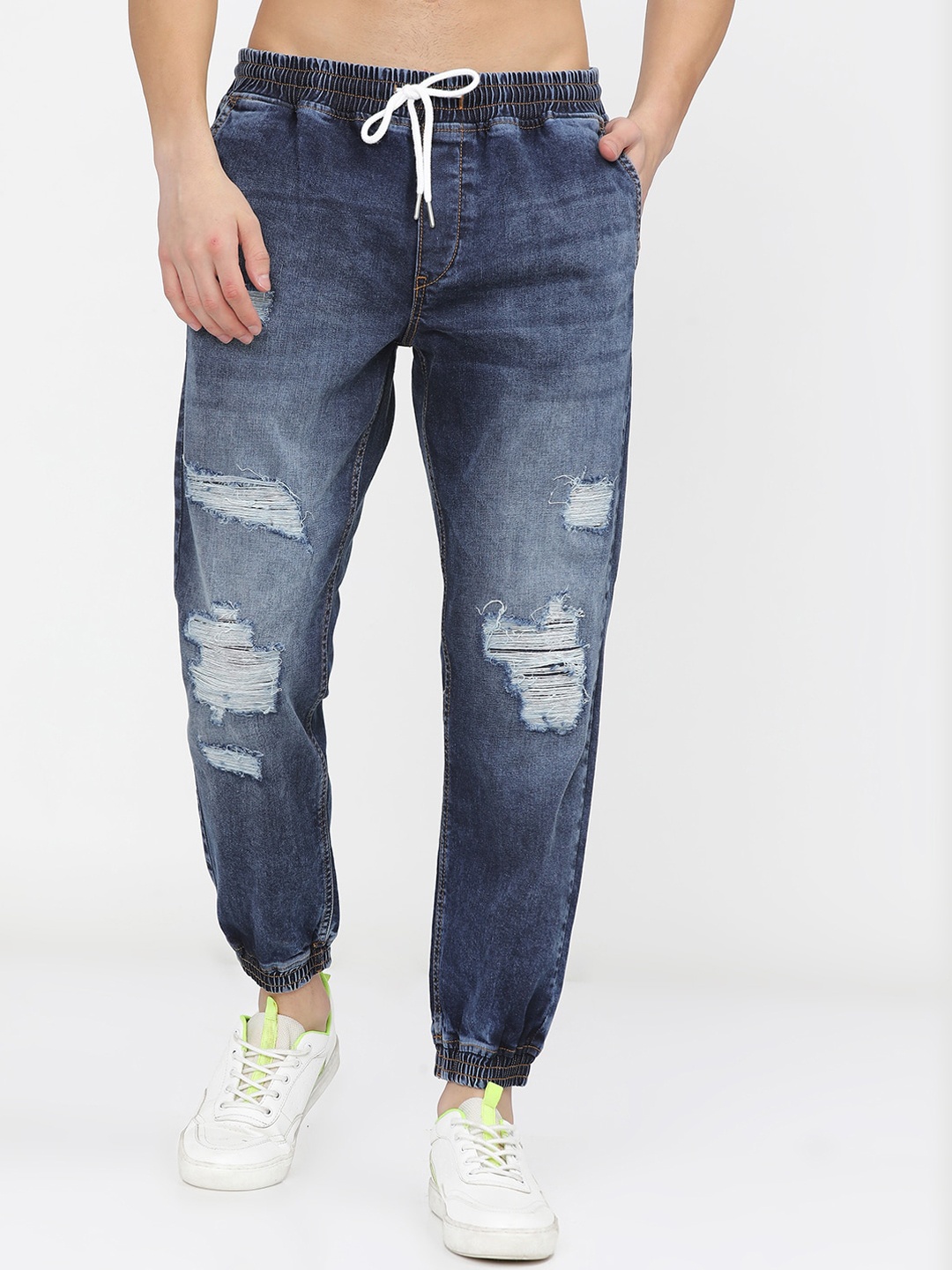 

HIGHLANDER Men Blue Jogger Highly Distressed Heavy Fade Stretchable Jeans