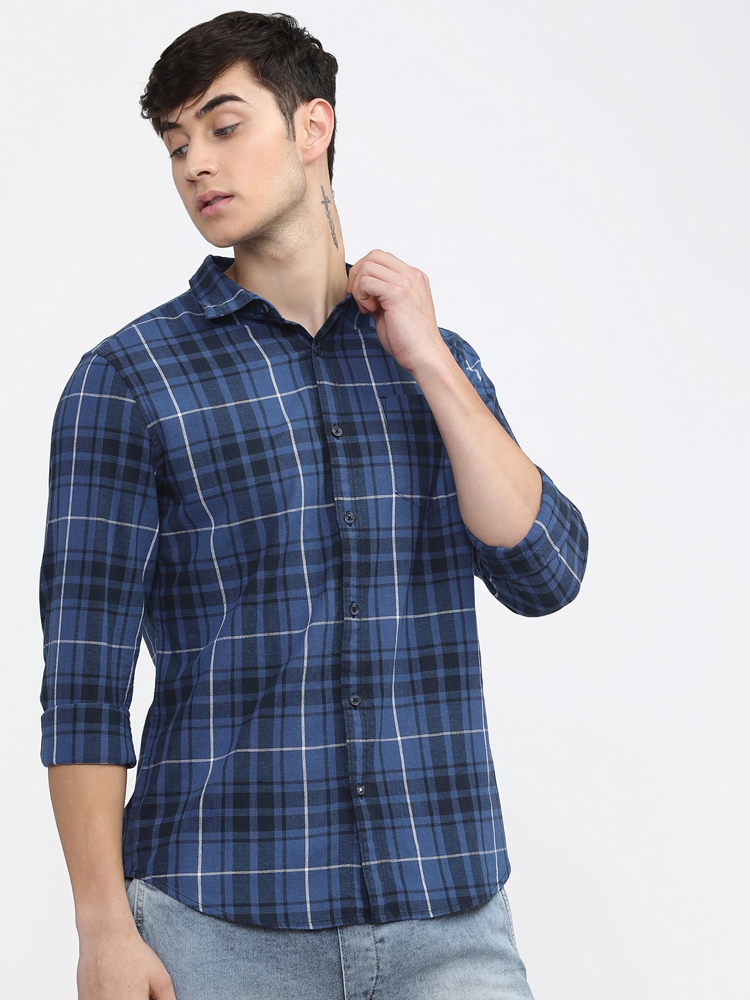 

HIGHLANDER Men Navy Blue Slim Fit Tartan Checks Opaque Checked Casual Shirt