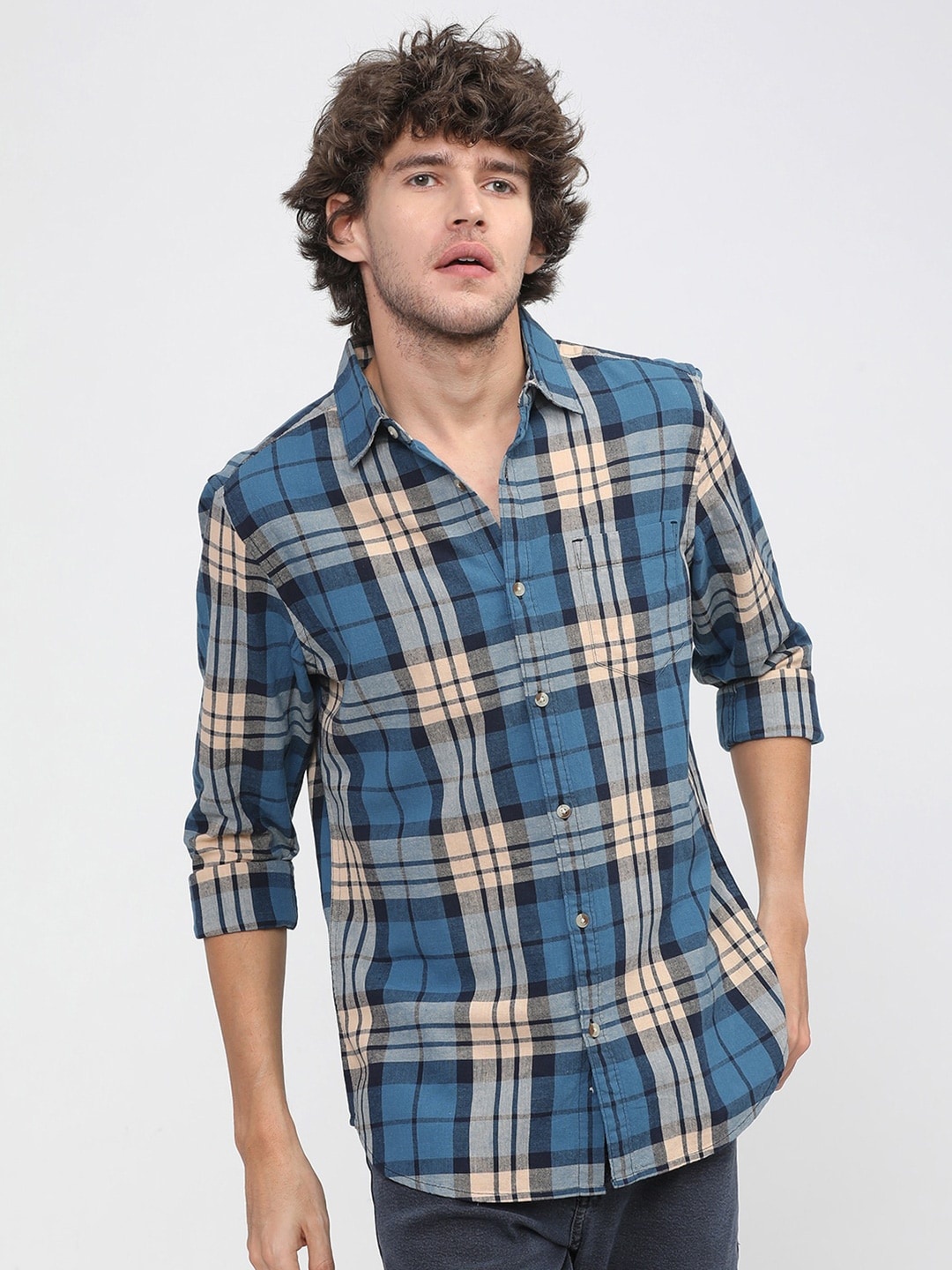 

HIGHLANDER Men Blue Slim Fit Tartan Checks Opaque Checked Casual Shirt