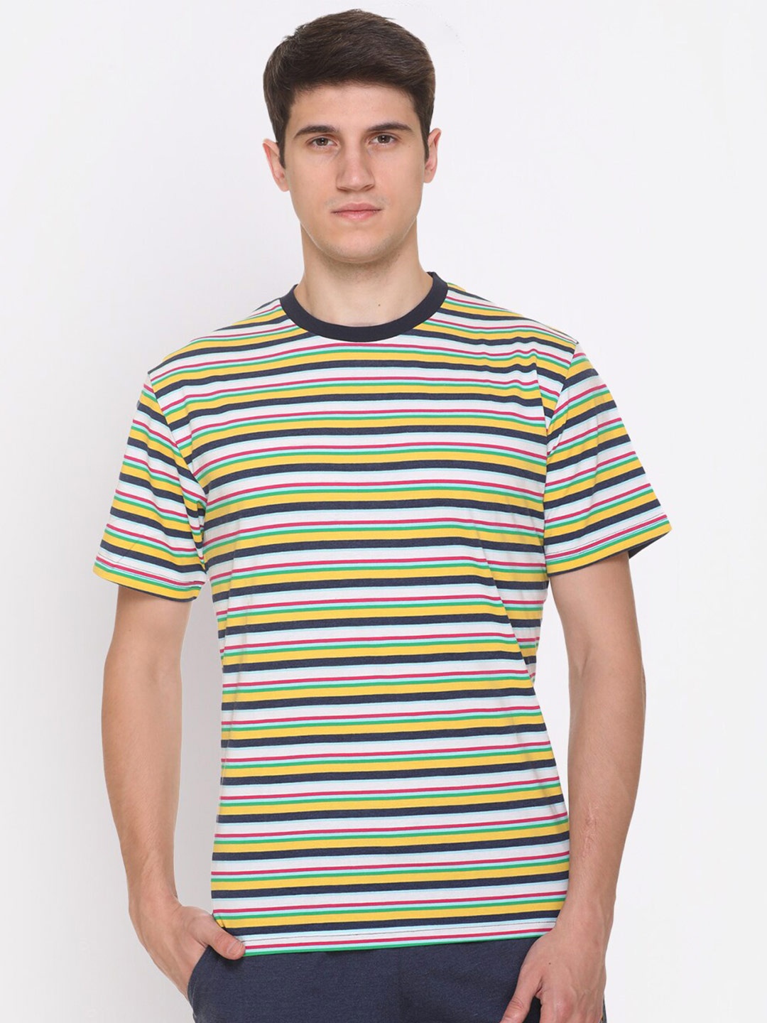 

Obaan Men Yellow & Blue Striped T-shirt