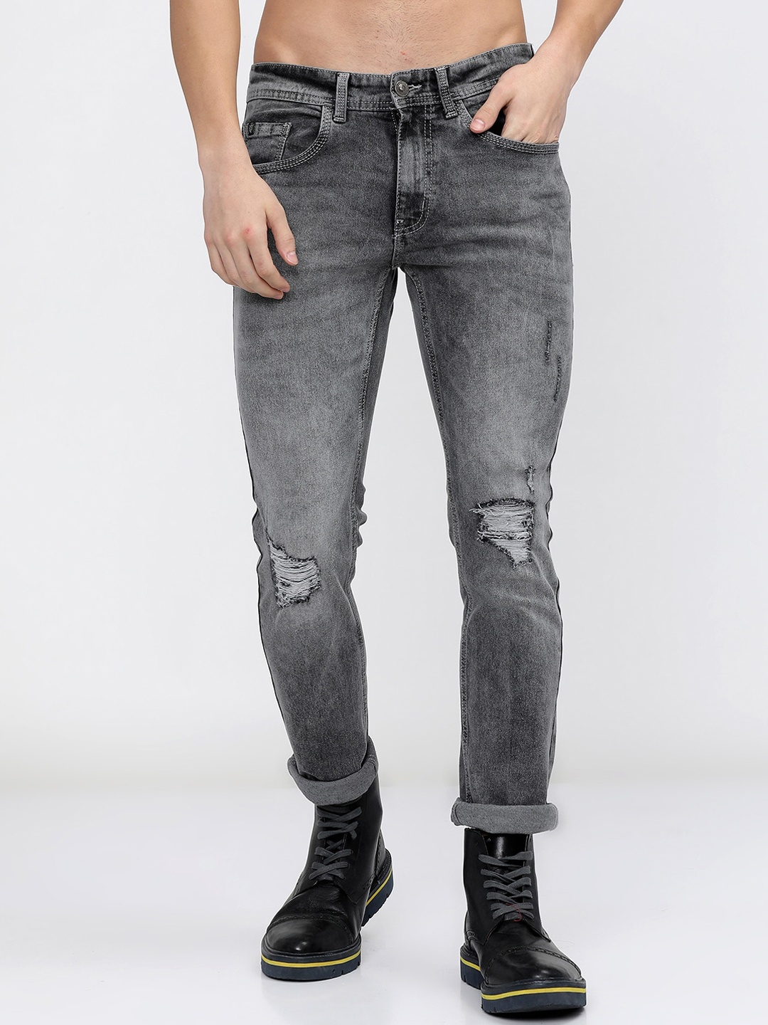 

LOCOMOTIVE Men Grey Slim Fit Mildly Distressed Heavy Fade Stretchable Jeans