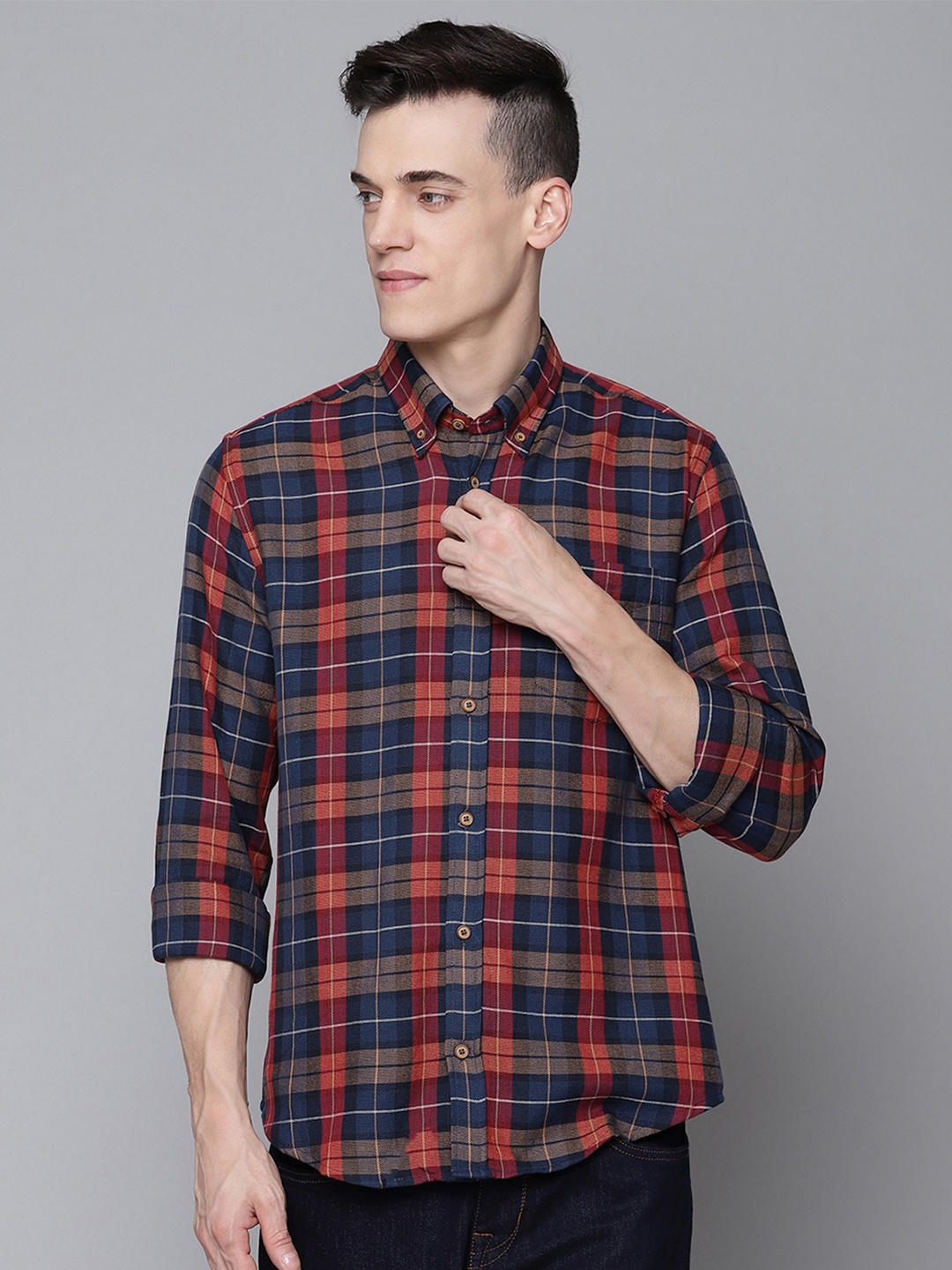 

BEN SHERMAN Men Brown Tartan Checks Opaque Checked Casual Shirt