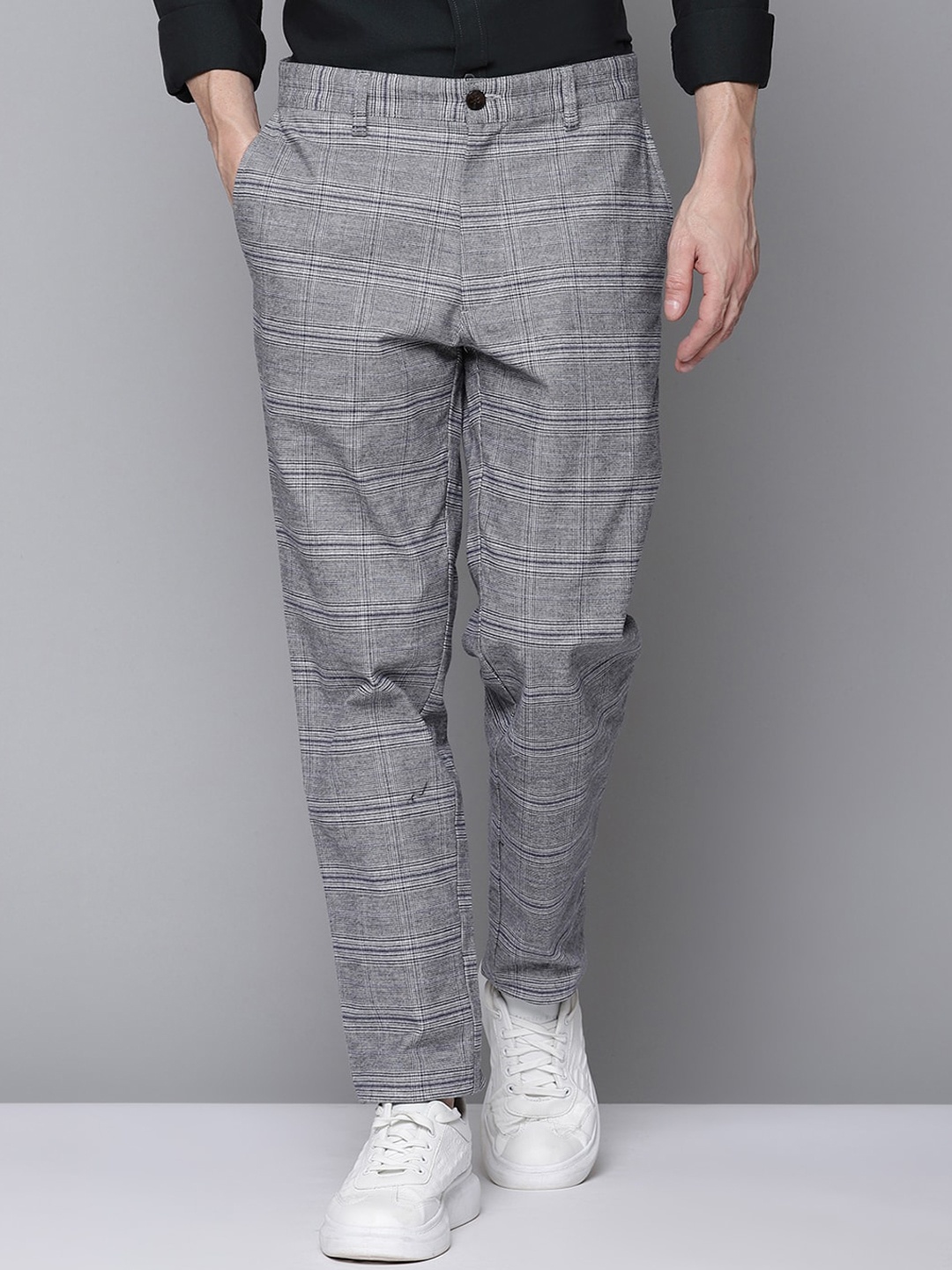 

BEN SHERMAN Men Grey Checked Slim Fit Trousers