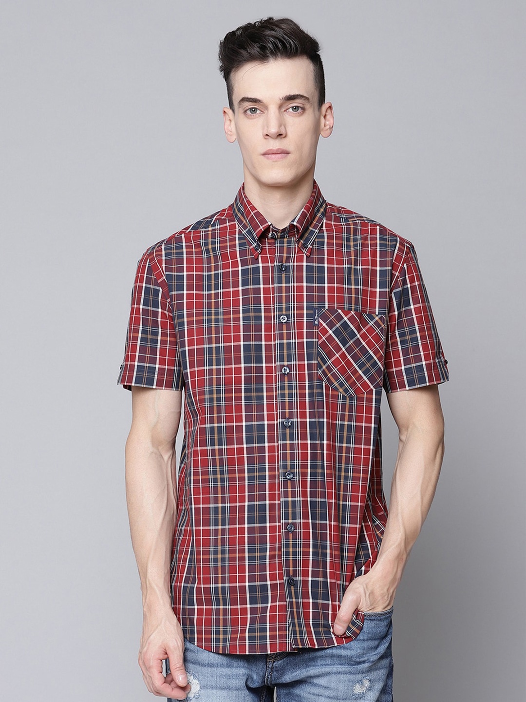

BEN SHERMAN Men Red & Blue Tartan Checks Opaque Checked Casual Shirt
