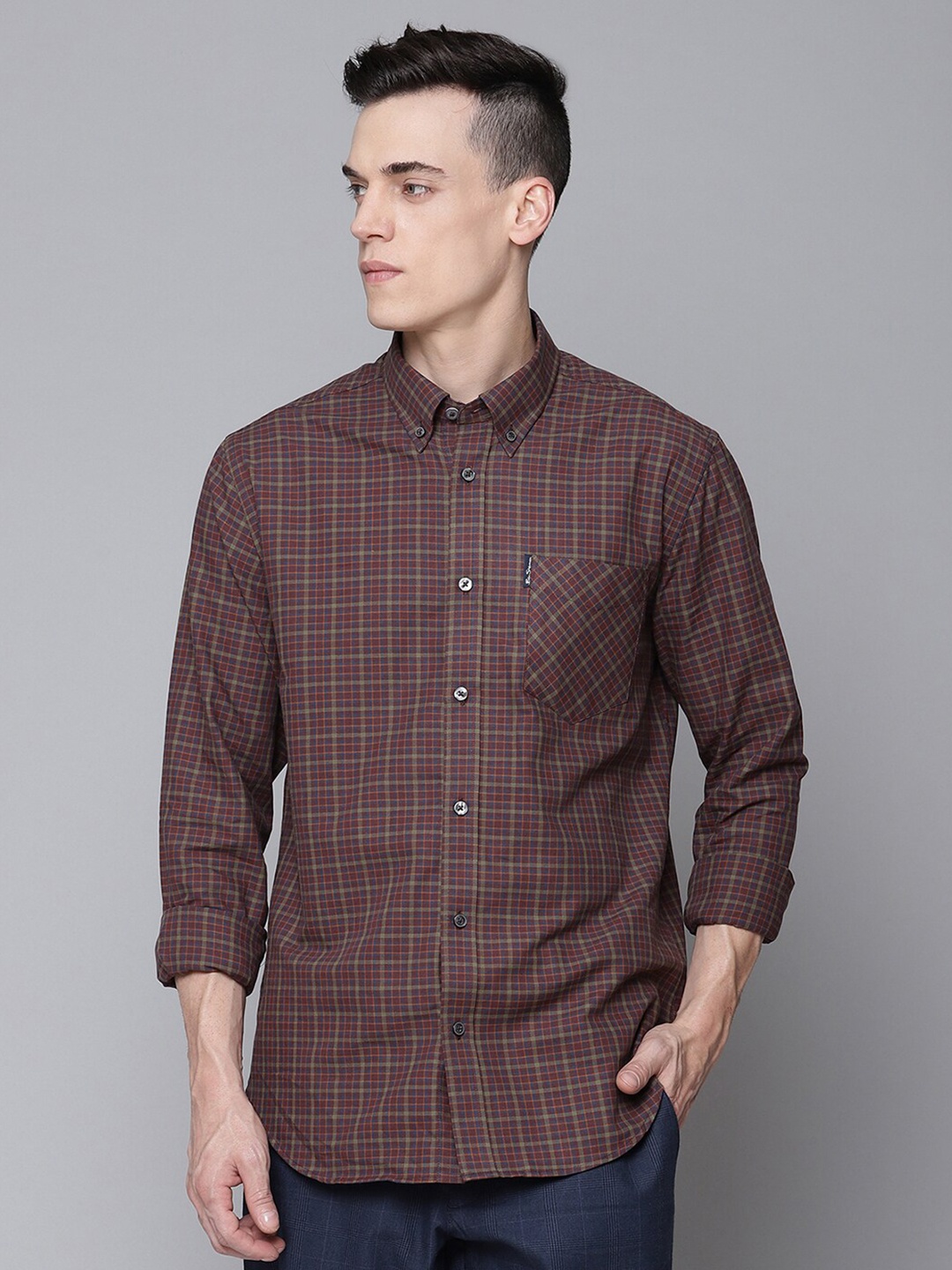 

BEN SHERMAN Men Maroon & Green Pure Cotton Checked Casual Shirt