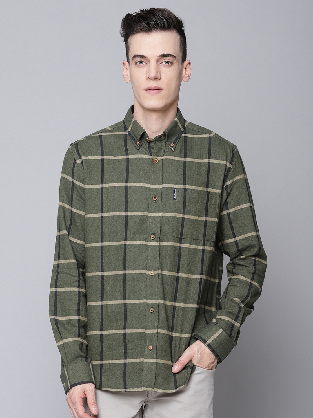 

BEN SHERMAN Men Olive Green Tartan Checks Opaque Cotton Casual Shirt