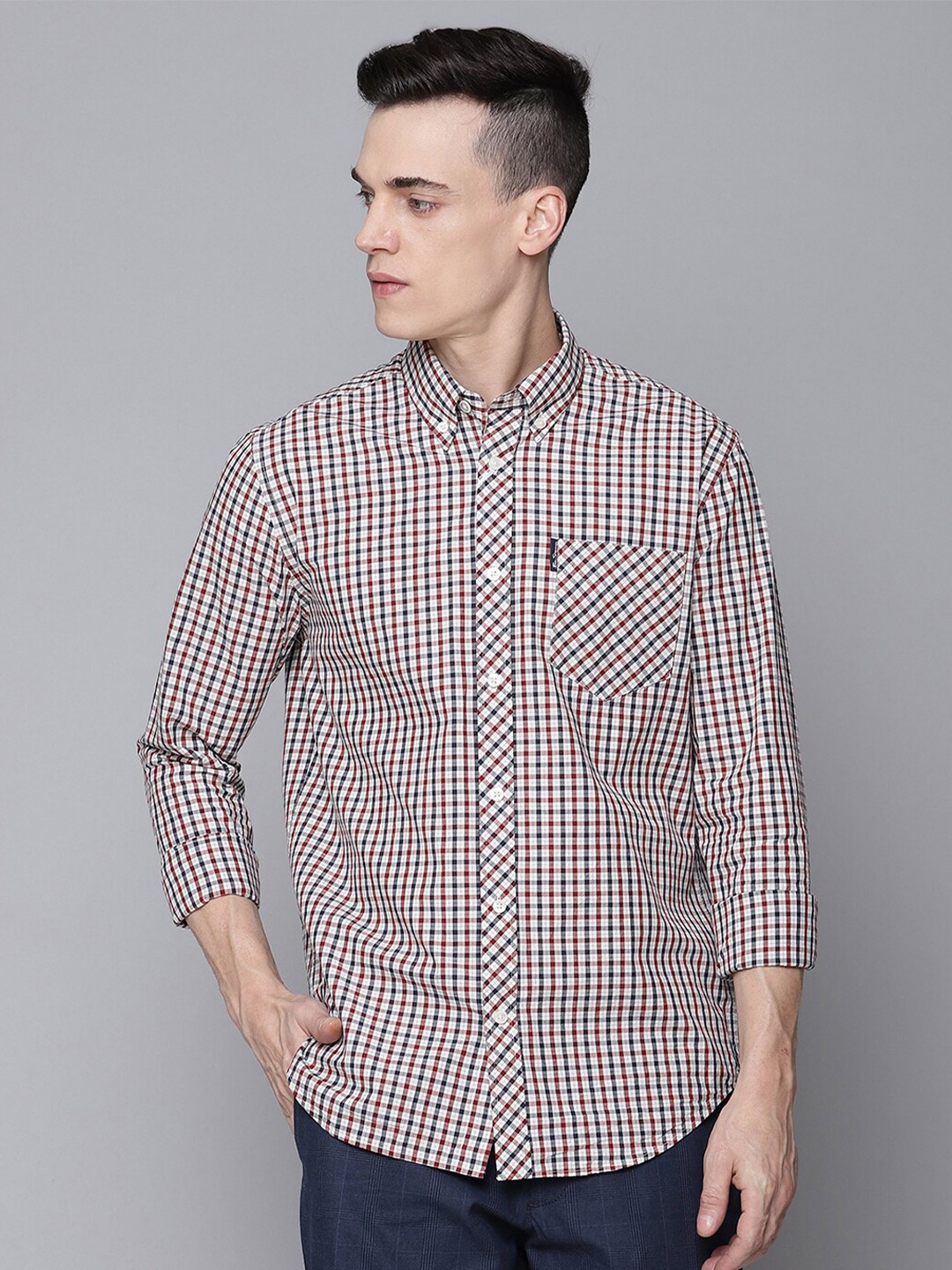 

BEN SHERMAN Men Red Gingham Checks Opaque Checked Casual Shirt