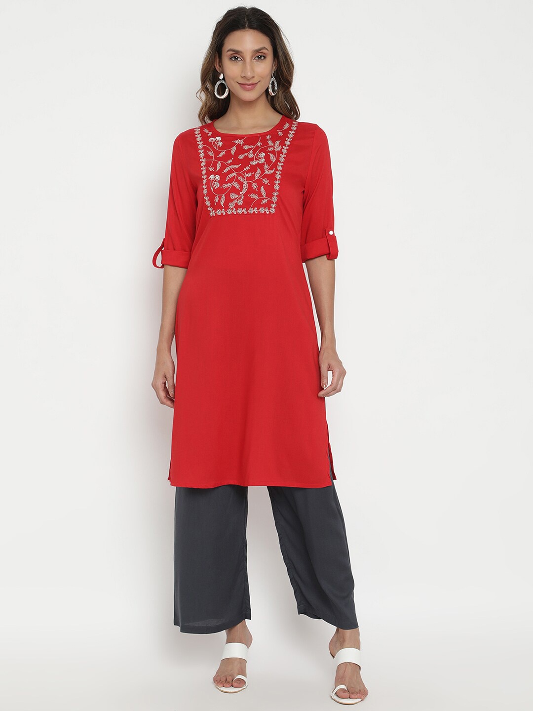 

V2 Value & Variety Women Red & Grey Floral Yoke Design Kurta