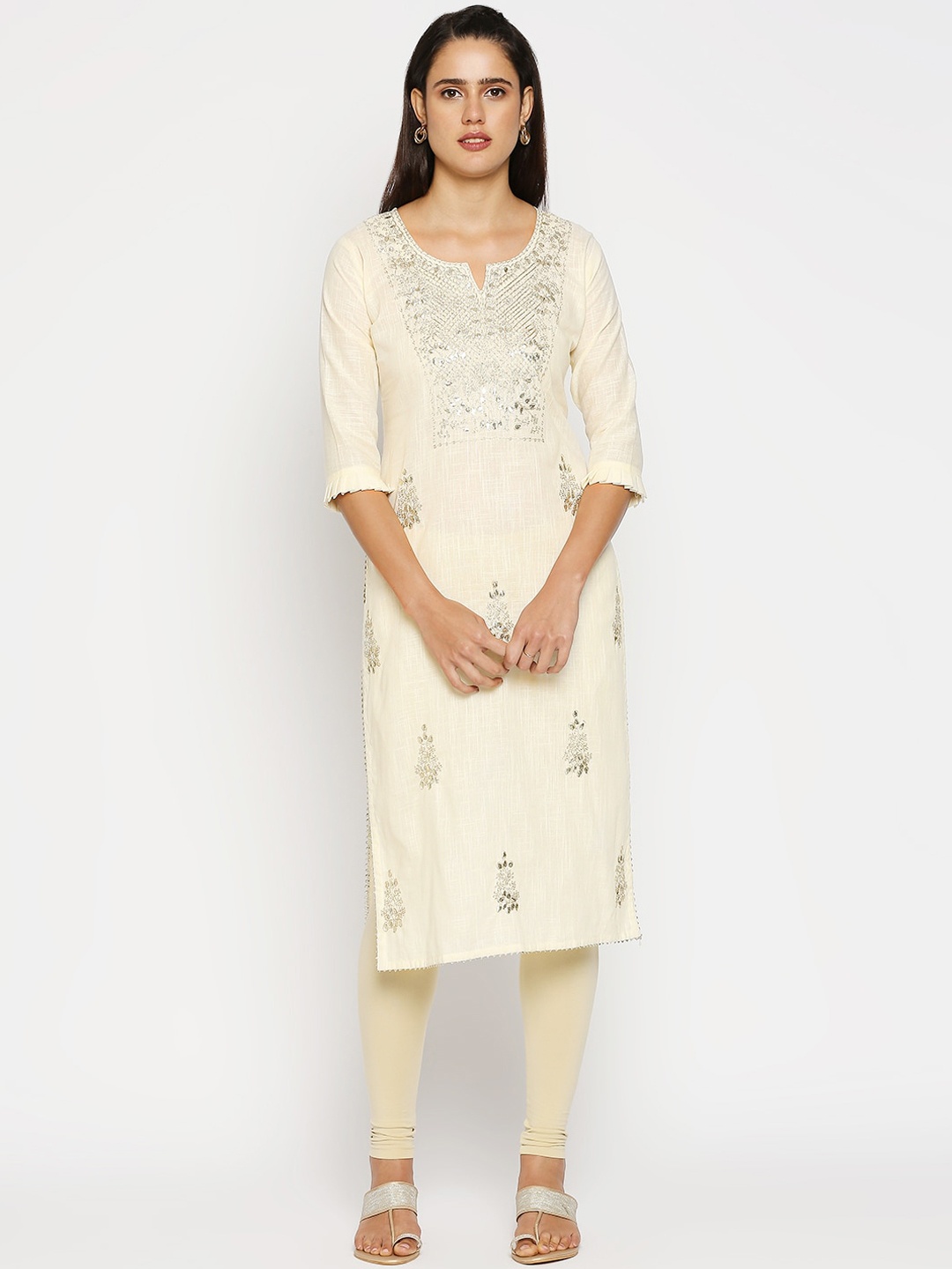 

INDYES Women Cream-Coloured & Silver-Toned Ethnic Motifs Embroidered Straight Kurta