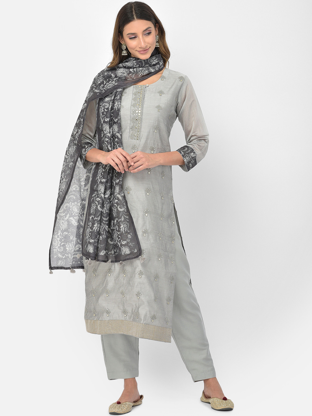 

Neerus Women Grey Ethnic Motifs Embroidered Regular Mirror Work Chanderi Silk Kurta Sets
