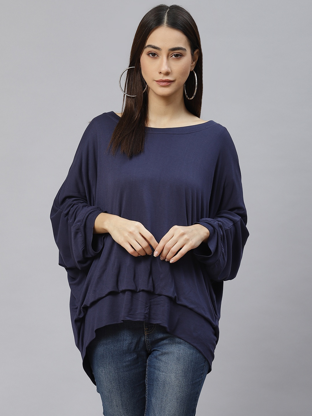 

RIVI Navy Blue Solid Extended Sleeves Top