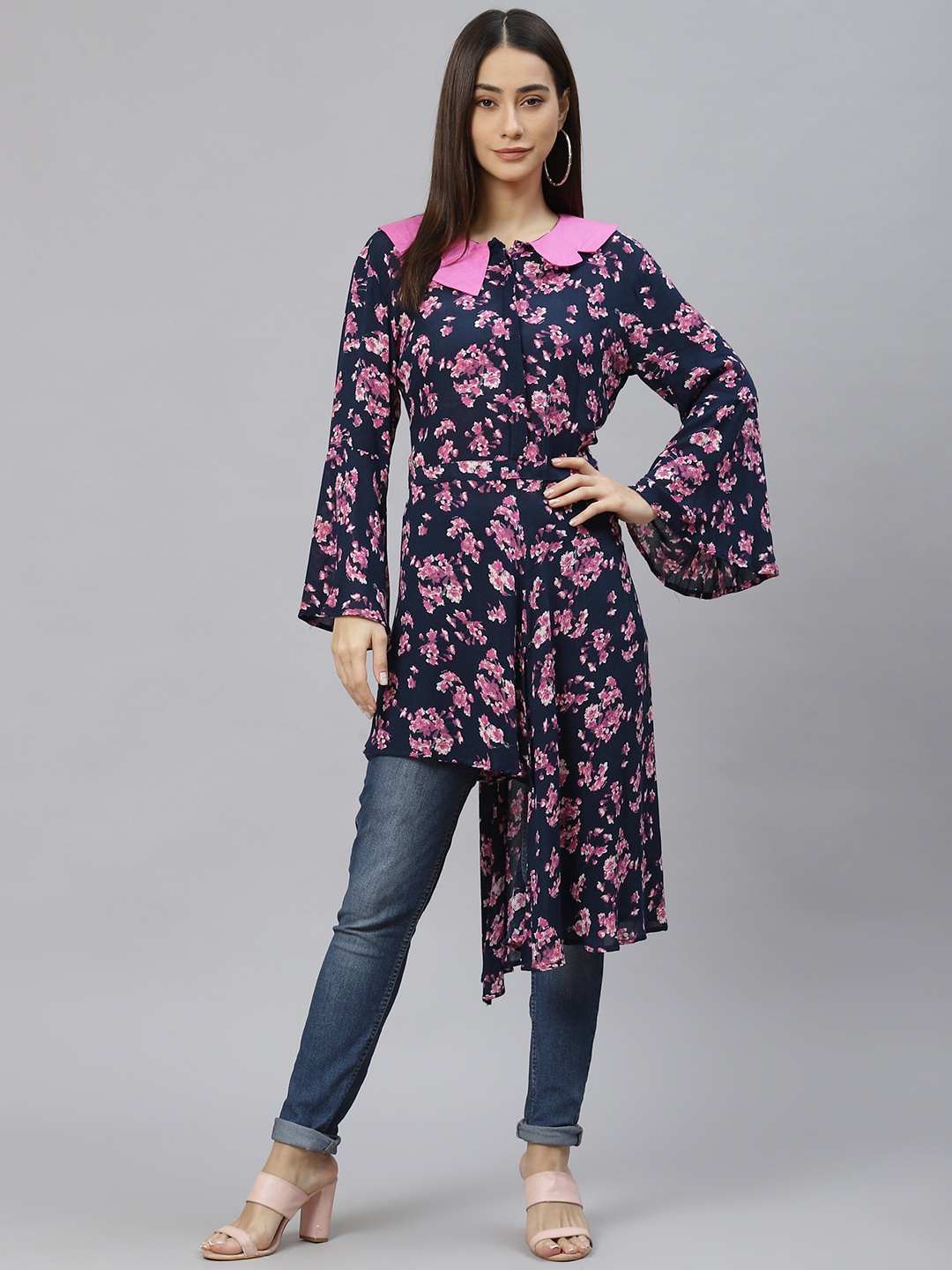 

RIVI Navy Blue & Pink Floral Print Longline Top