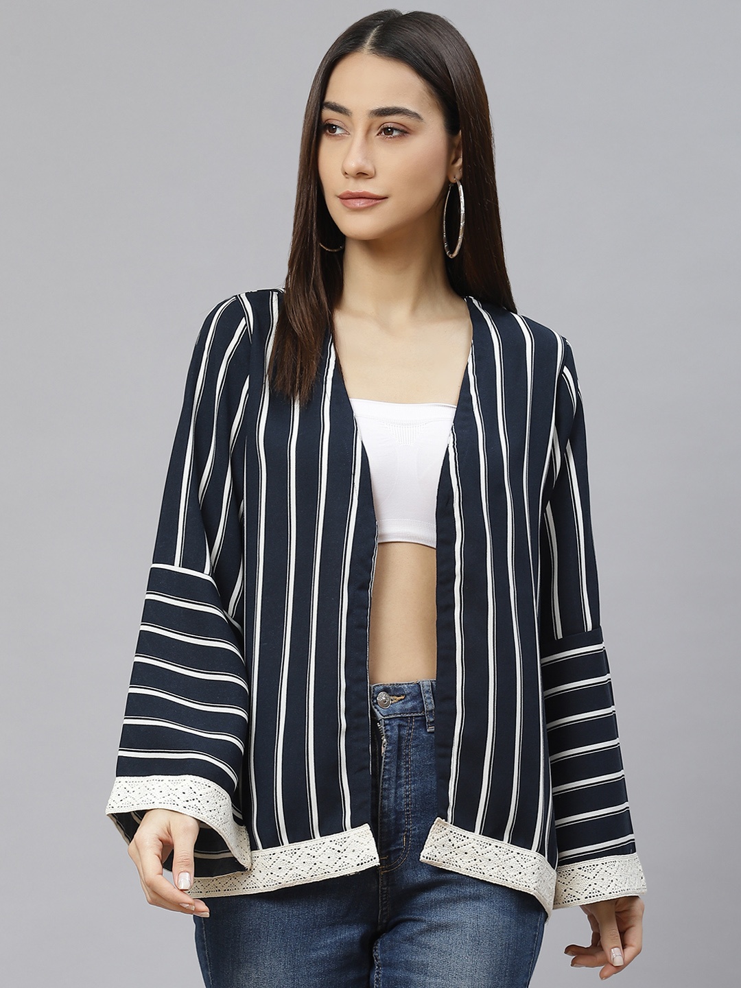 

RIVI Women Navy Blue & White Striped Shrug