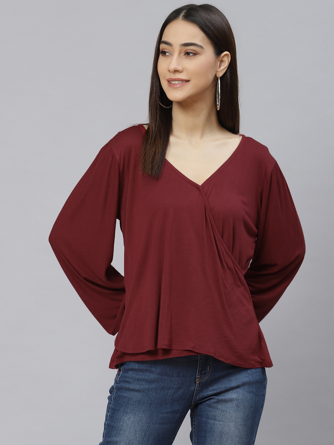 

RIVI Maroon Solid Top with Puff Sleeves