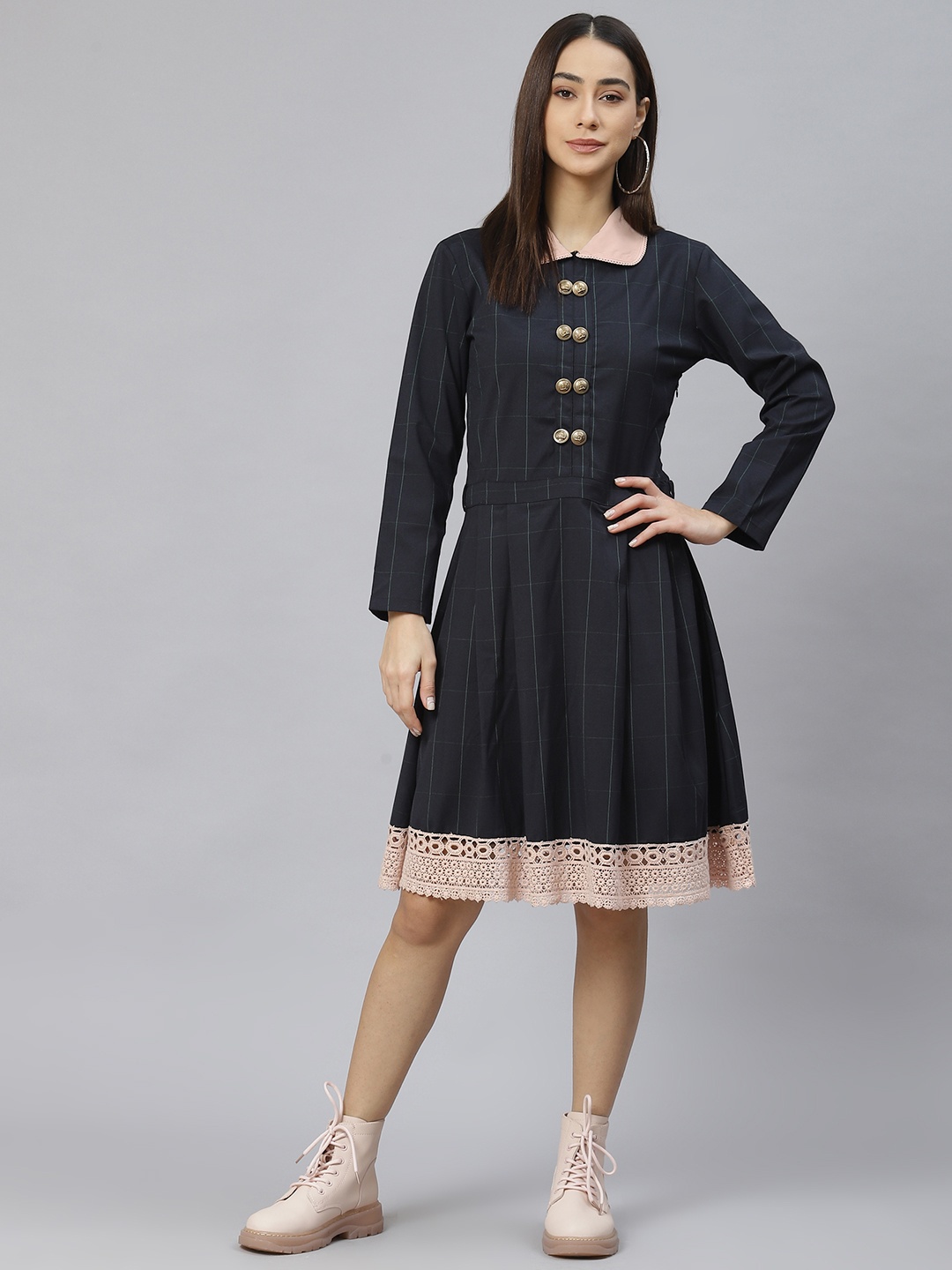 

RIVI Navy Blue & Peach-Coloured Peter Pan Collar Dress
