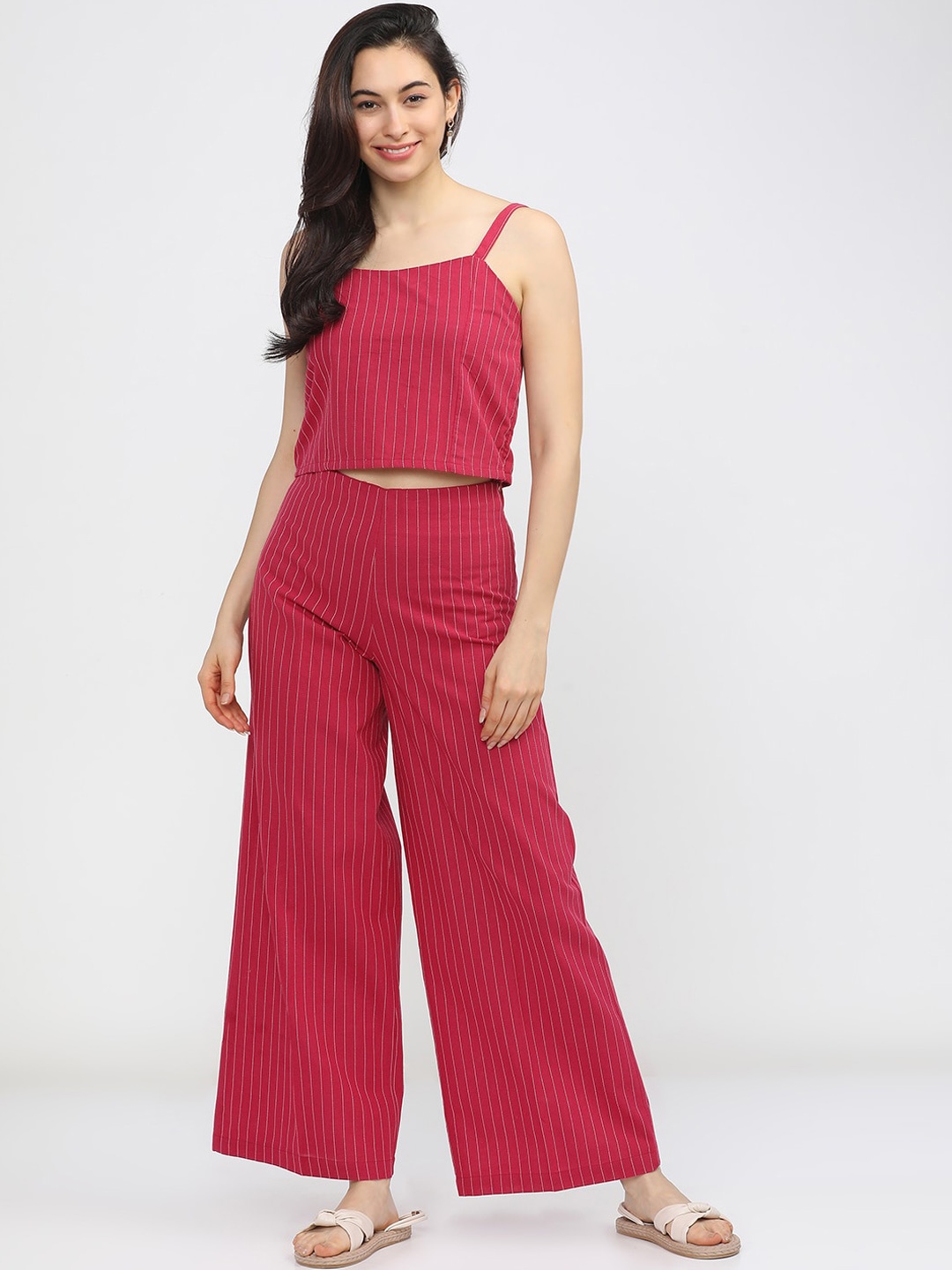 

Vishudh Women Pink Striped Regular Top with Palazzos