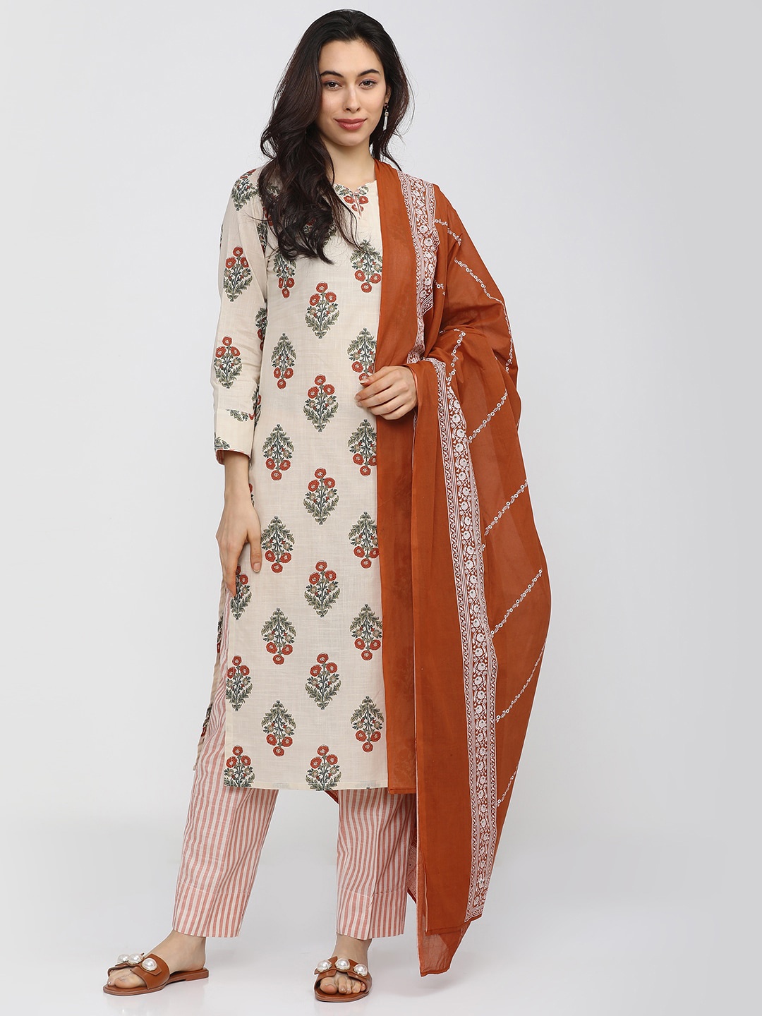 

Vishudh Women Rust Ethnic Motifs Printed Regular Pure Cotton Kurta with Trousers & With Dupatta