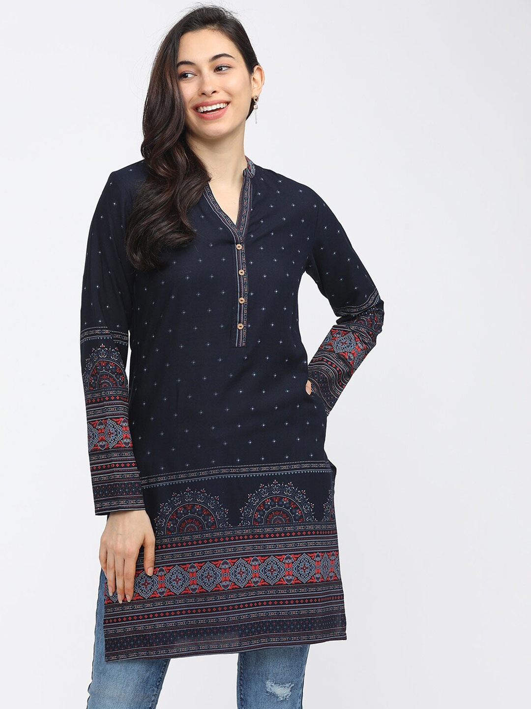 

Vishudh Navy Blue & Red Viscose Rayon Mandarin Collar Printed Tunic