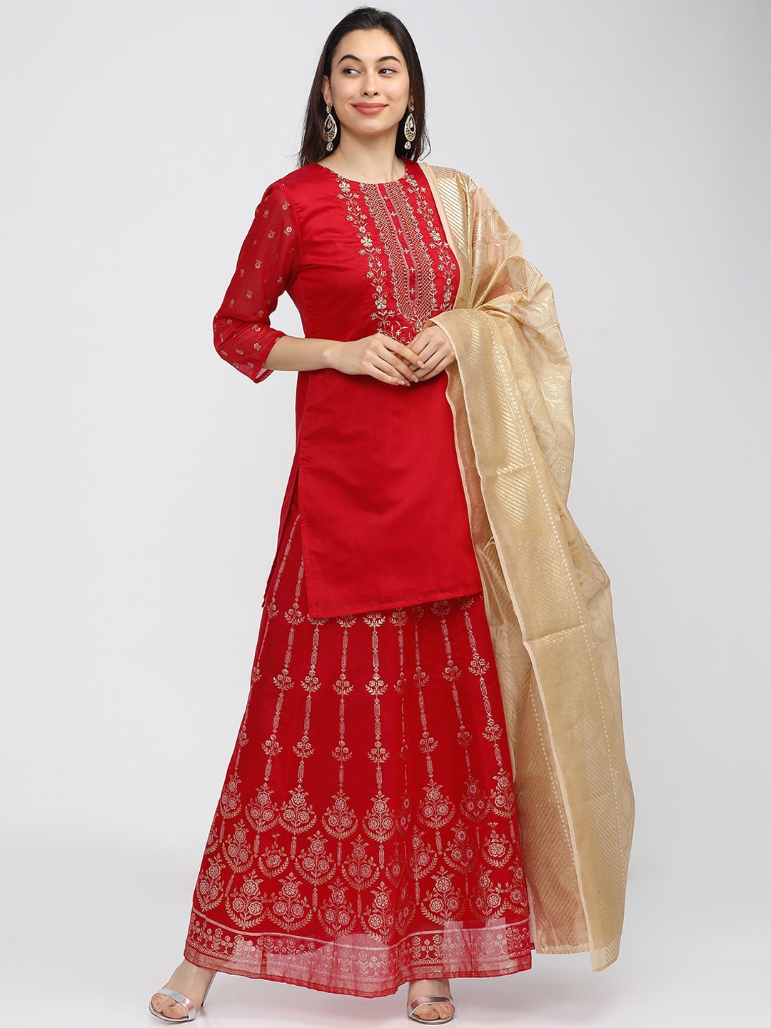 

Vishudh Women Red Embroidered Regular Kurti with Skirt & With Dupatta