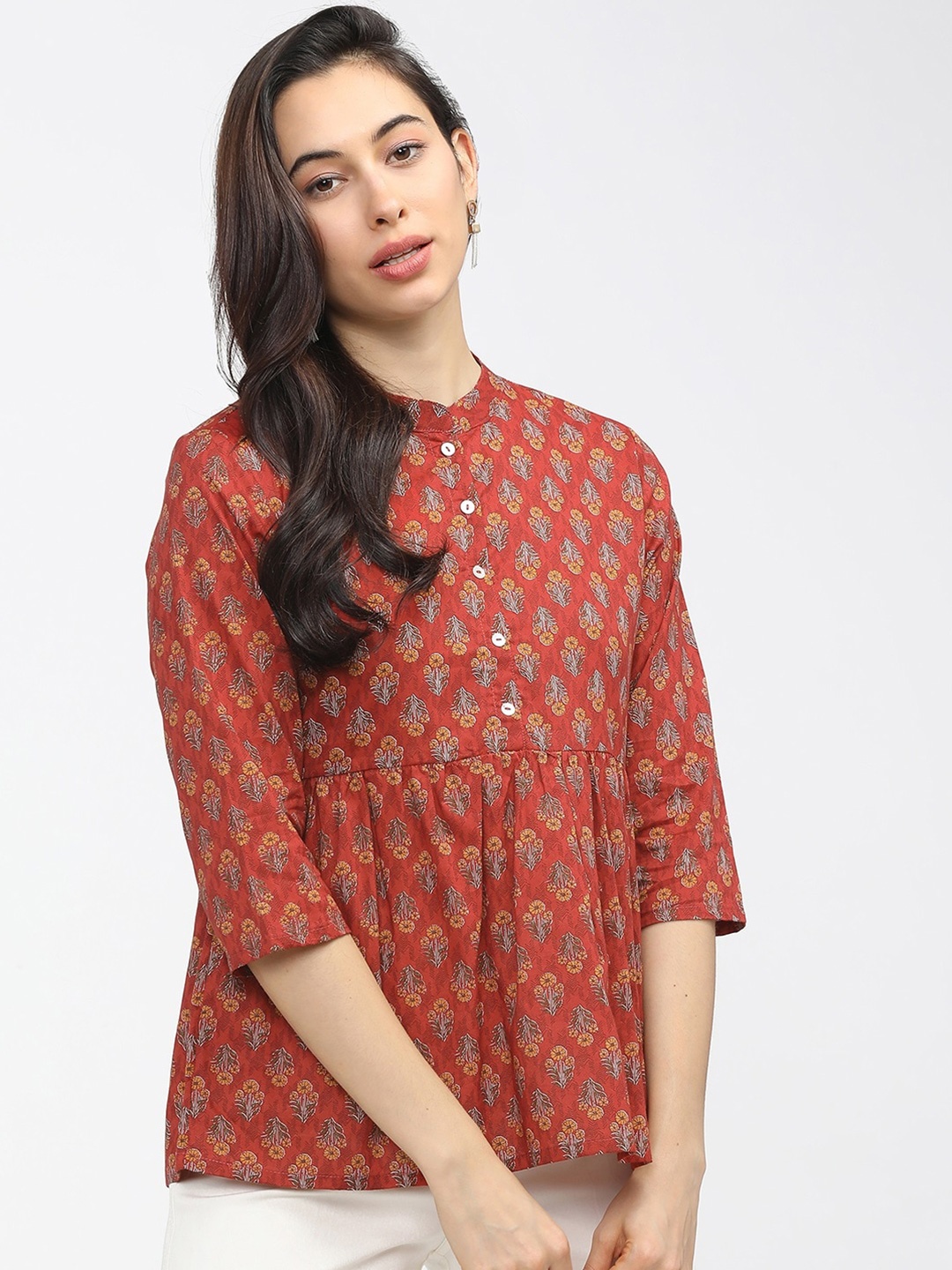 

Vishudh Rust Mandarin Collar A-Line Top