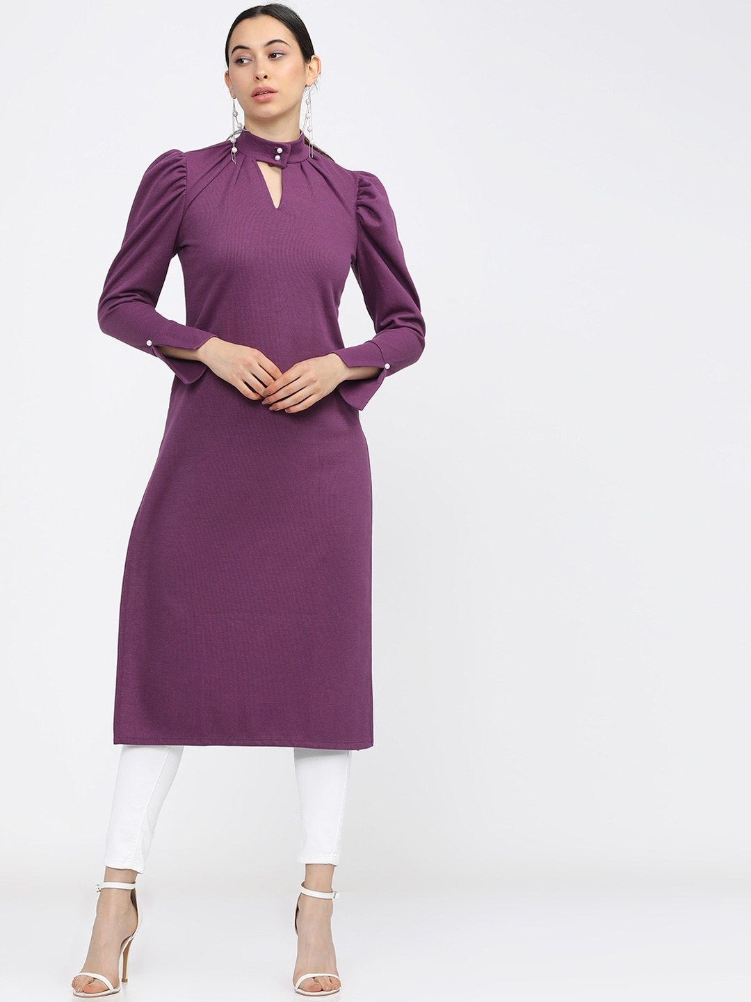 

Vishudh Women Purple Yoke Design Keyhole Neck Flared Sleeves Mirror Work Kurta