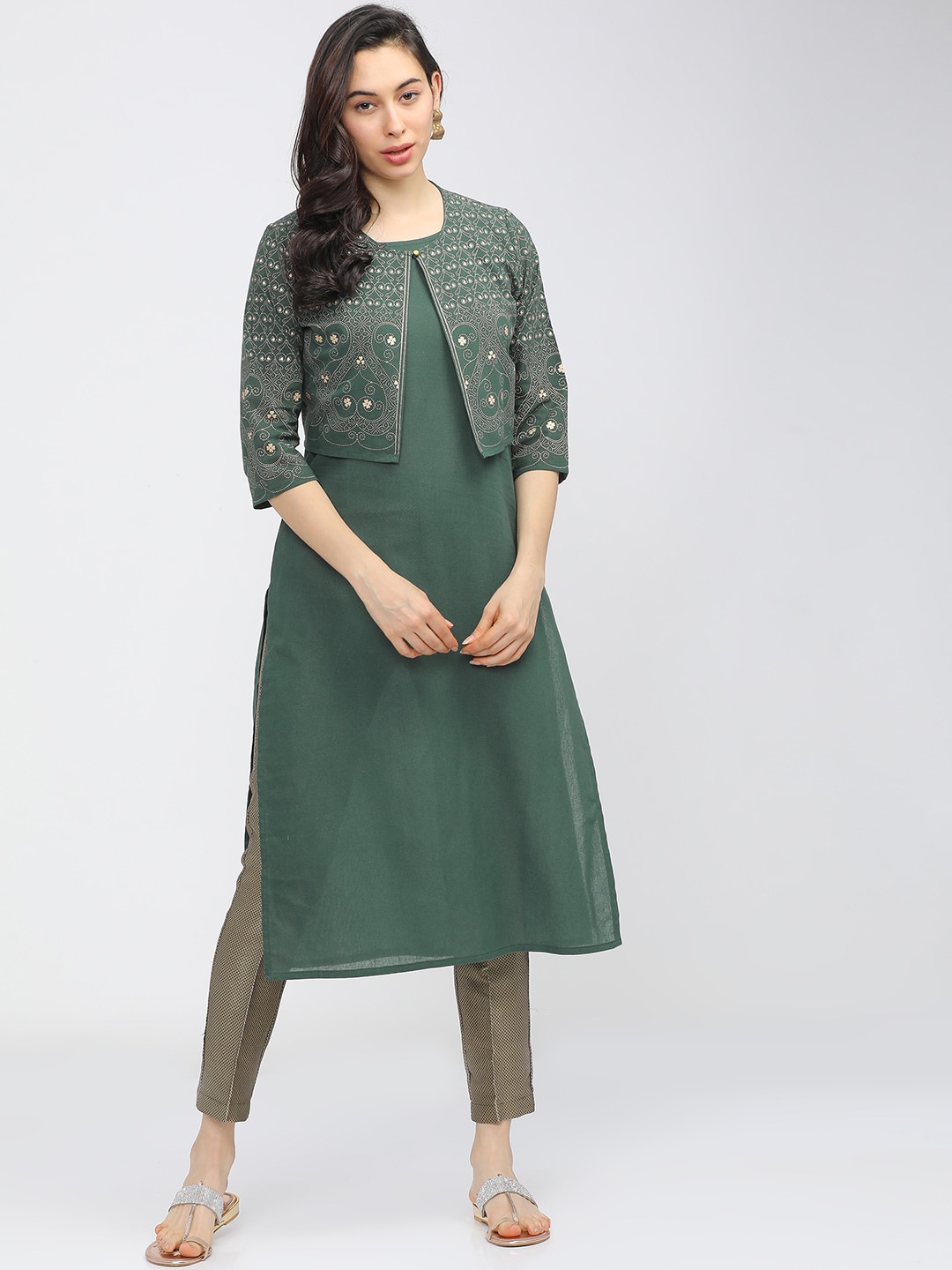 

Vishudh Women Green Printed Kurta With Jacket