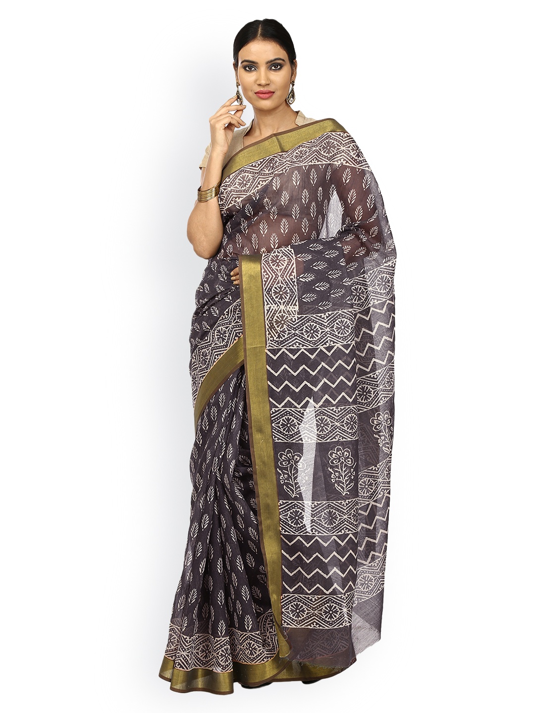 

Kalakari India Black Sanganeri Block Print Cotton & Supernet Traditional Handloom Saree