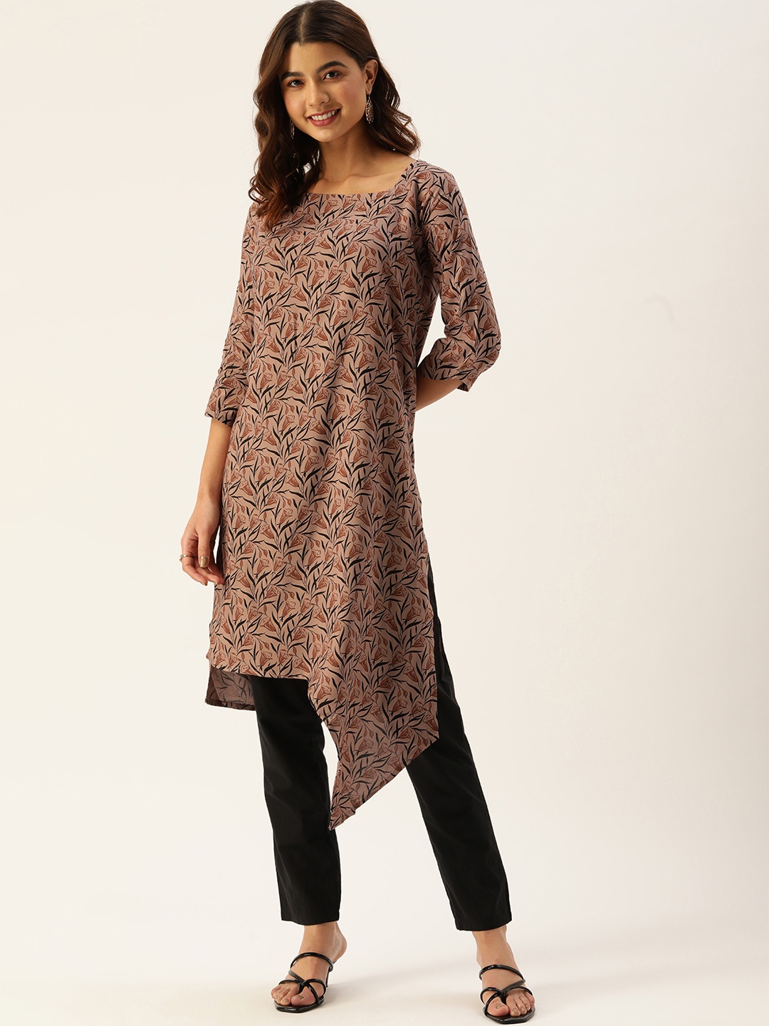 

COUPER & COLL Pink & Black Floral Printed Boat Neck Kurti