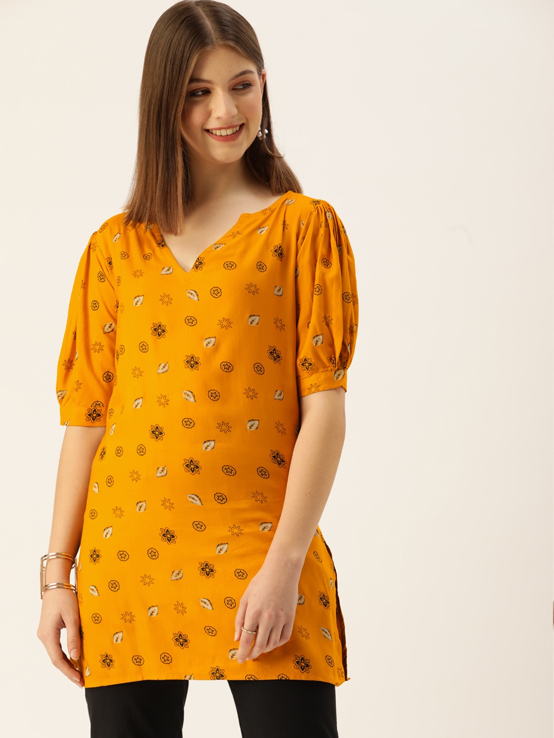 

COUPER & COLL Mustard Yellow Floral Printed V-Neck Kurti