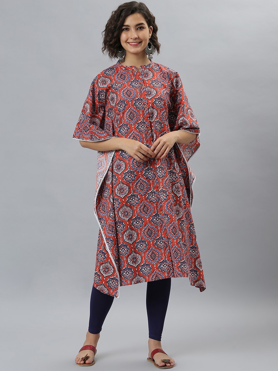 

Janasya Women Orange Ethnic Motifs Printed Flared Sleeves Floral Kaftan Kurta