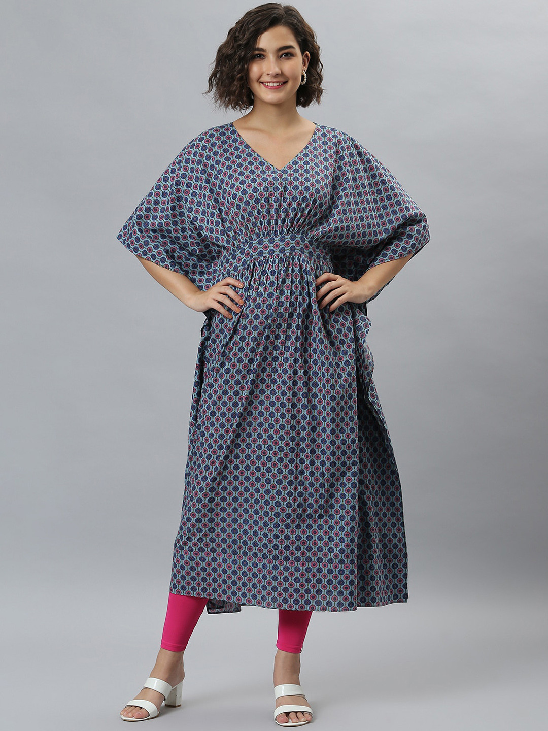 

Janasya Women Blue & Pink Printed Flared Sleeves Floral Kurta
