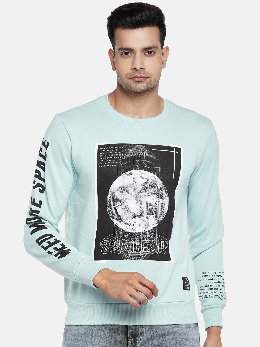 

People Men Sea Green Printed Cotton Blend Sweatshirt