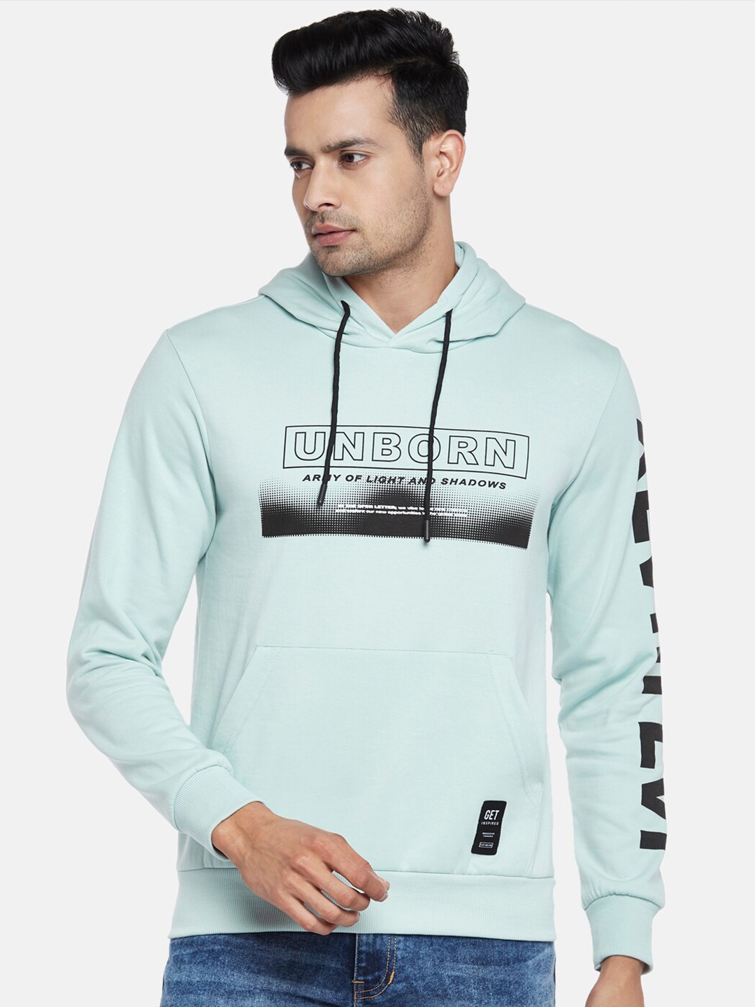 

People Men Blue Printed Hooded Sweatshirt