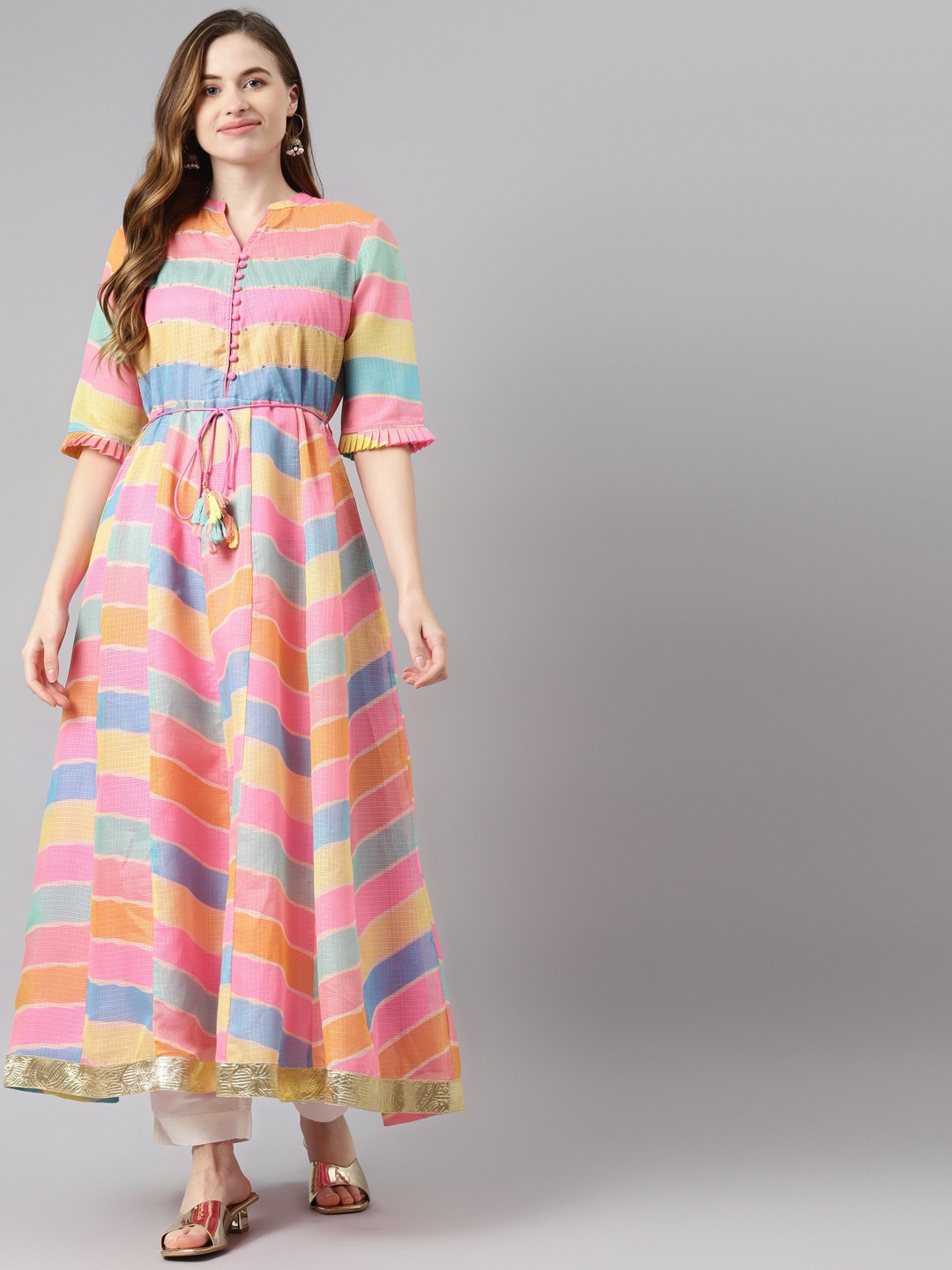 

Readiprint Fashions Women Pink & Orange Chevron Printed Anarkali Kurta