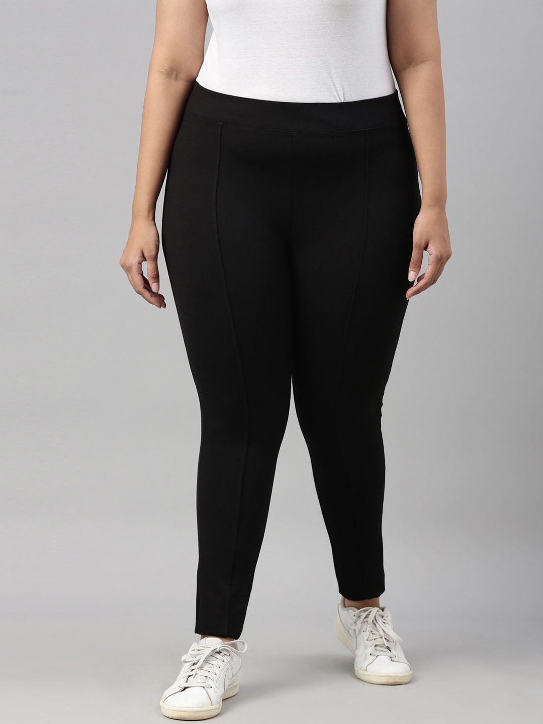 

The Pink Moon Plus Size Women Black Tapered Fit High-Rise Wrinkle Free Trousers