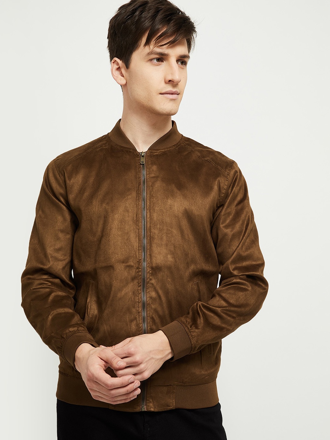 

max Men Brown Windcheater Bomber Jacket
