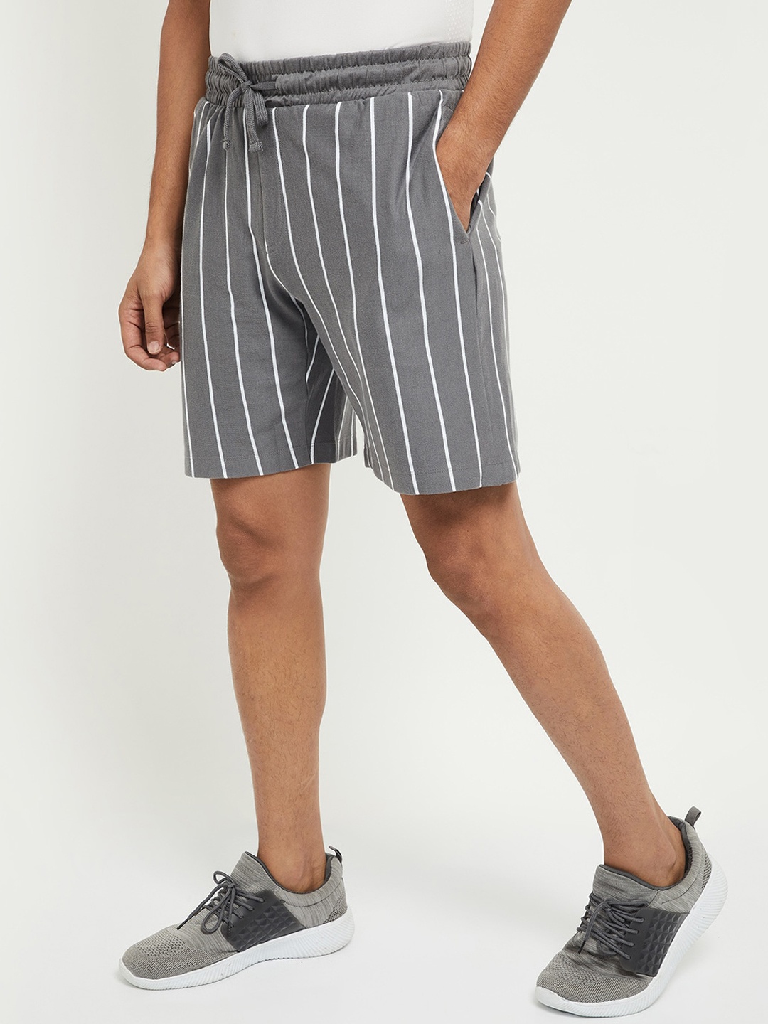 max Men Grey & White Striped Slim Fit Regular Shorts