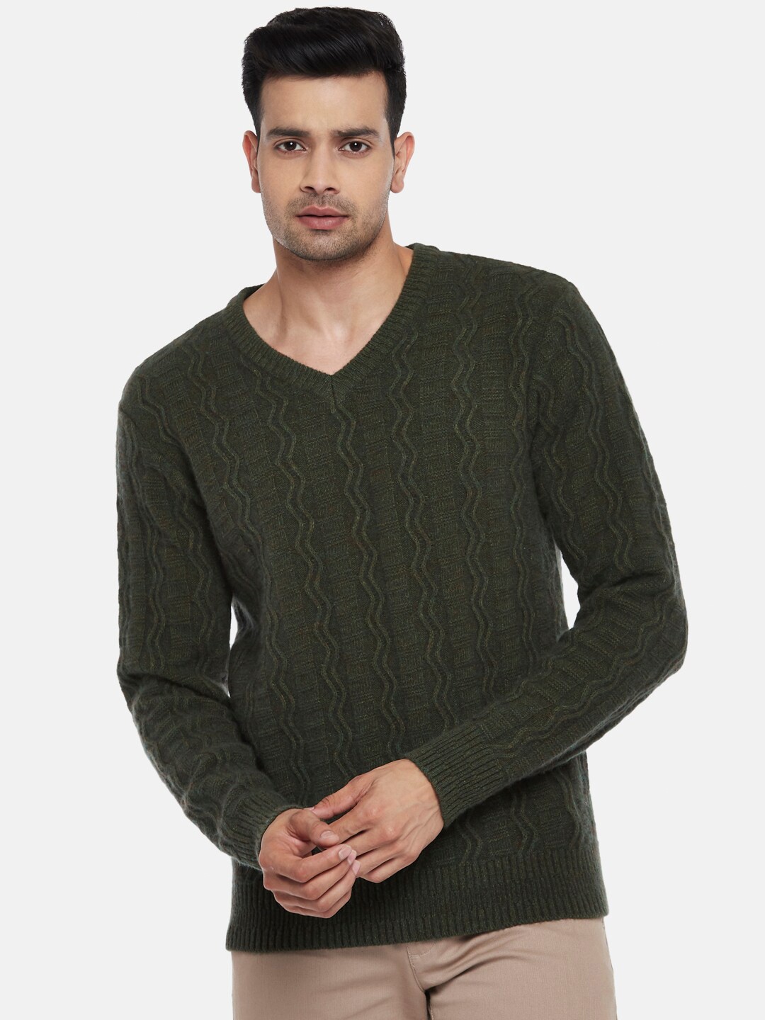 

BYFORD by Pantaloons Men Olive Green Pure Woolen Pullover Sweater