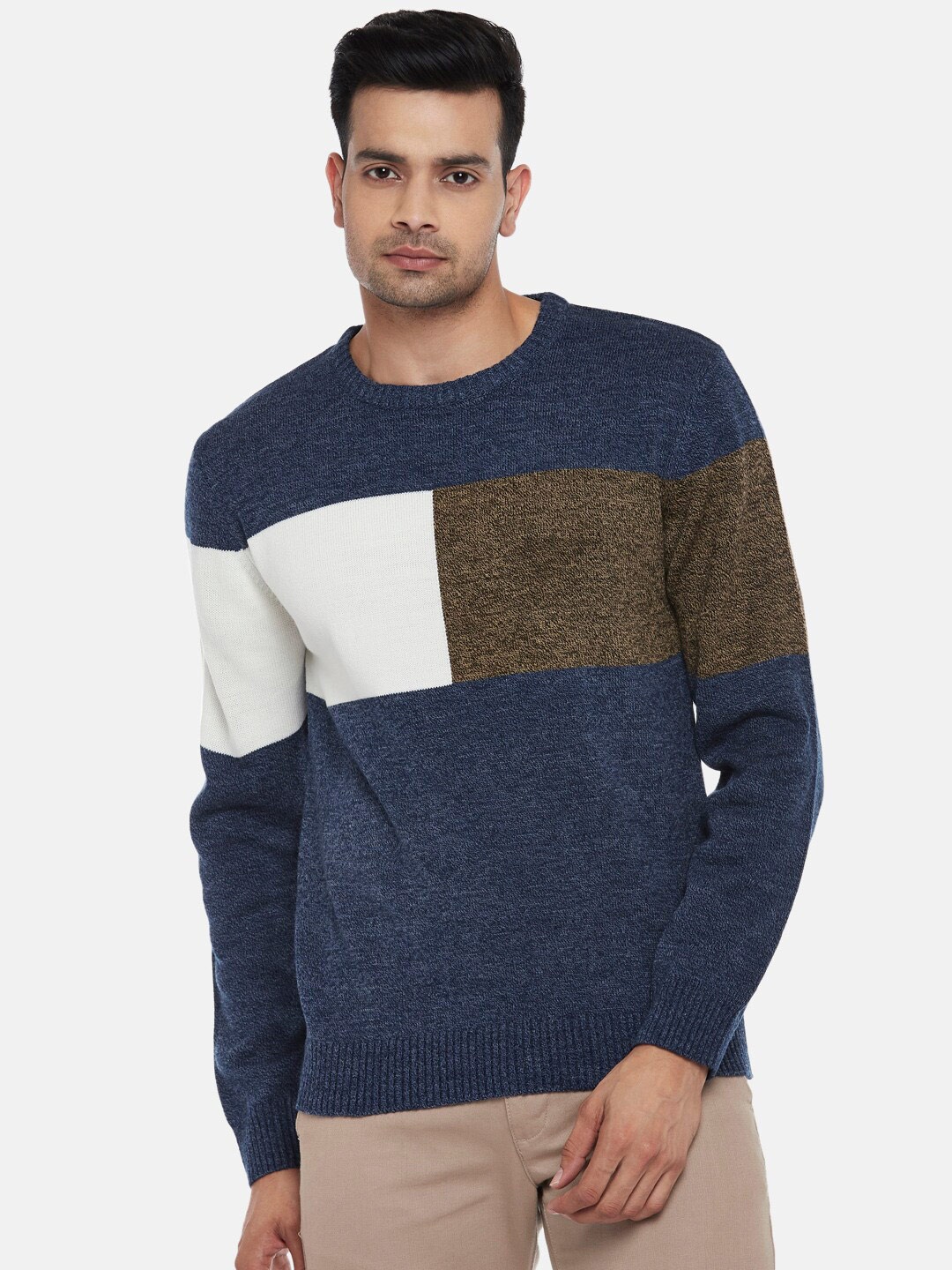 

BYFORD by Pantaloons Men Navy Blue & White Colourblocked Pullover