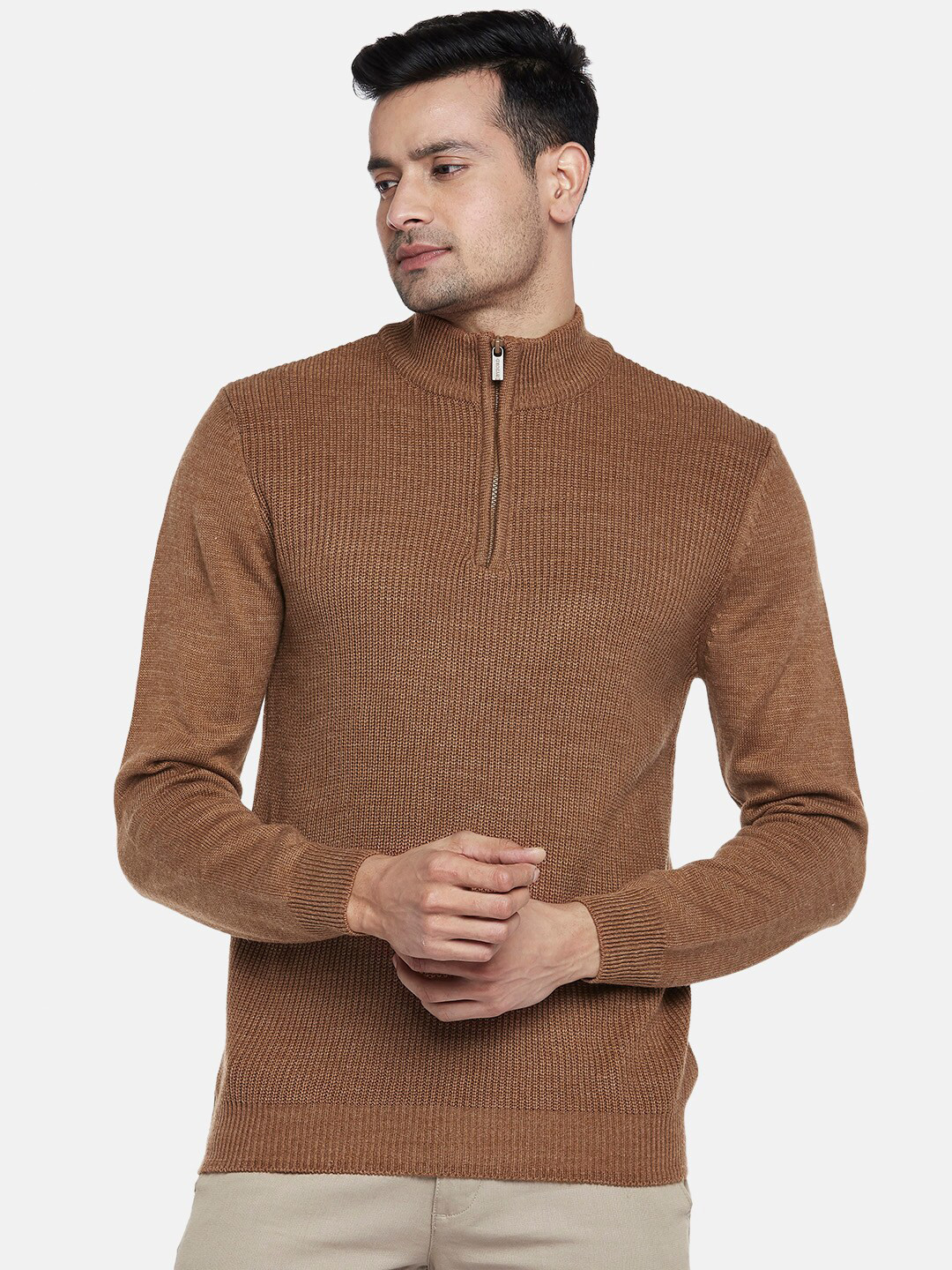 

BYFORD by Pantaloons Men Brown Solid High Neck Acrylic Pullover Sweater