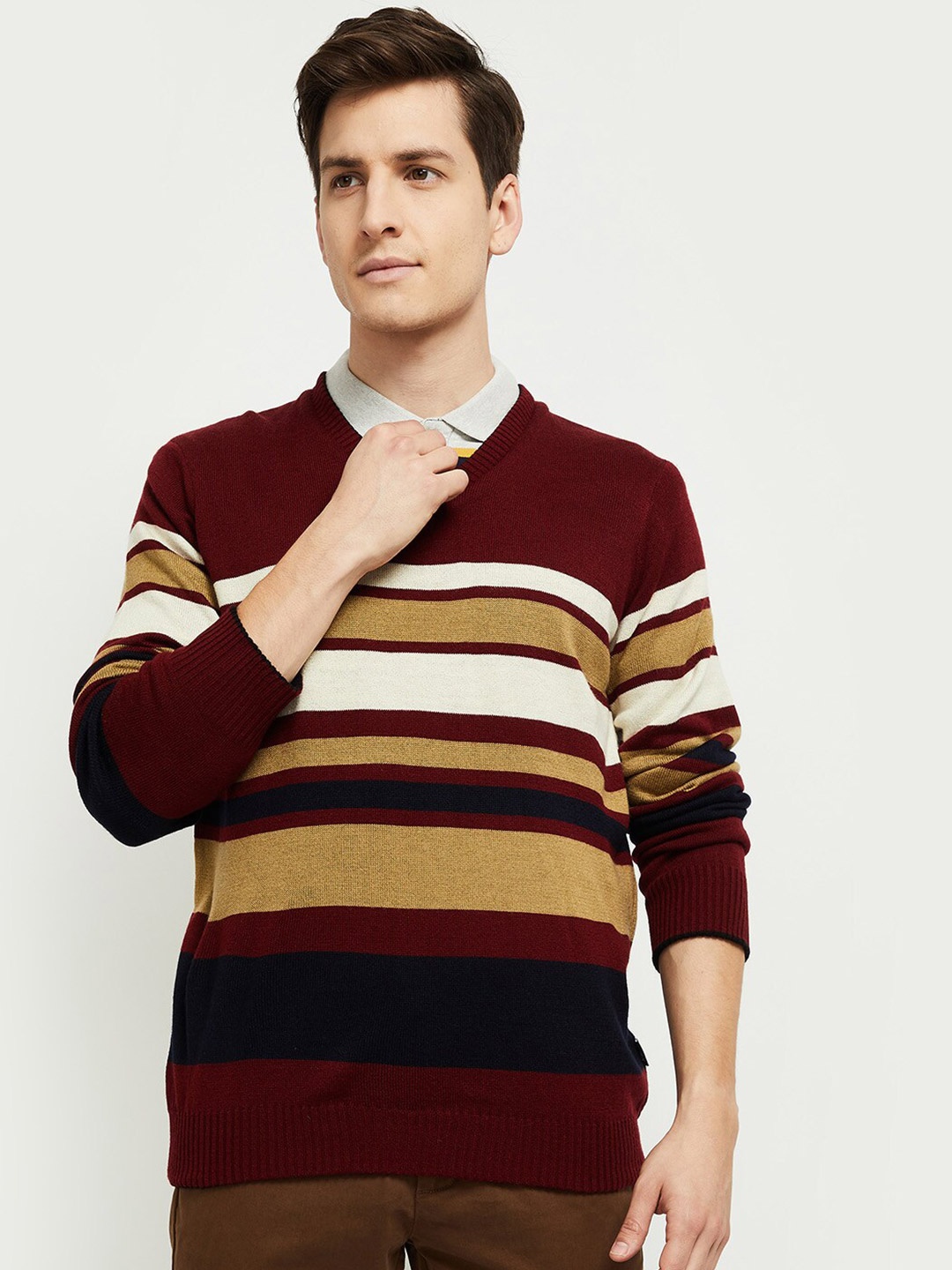 

max Men Maroon & Beige Striped Acrylic Pullover