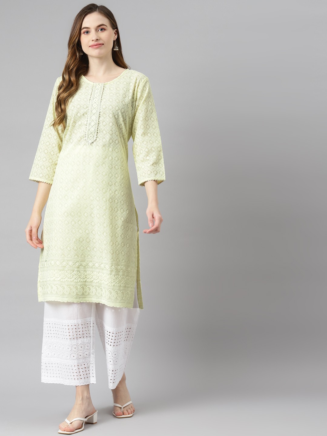 

Readiprint Fashions Women Green Embroidered Chikankari Pure Cotton Kurta with Palazzos