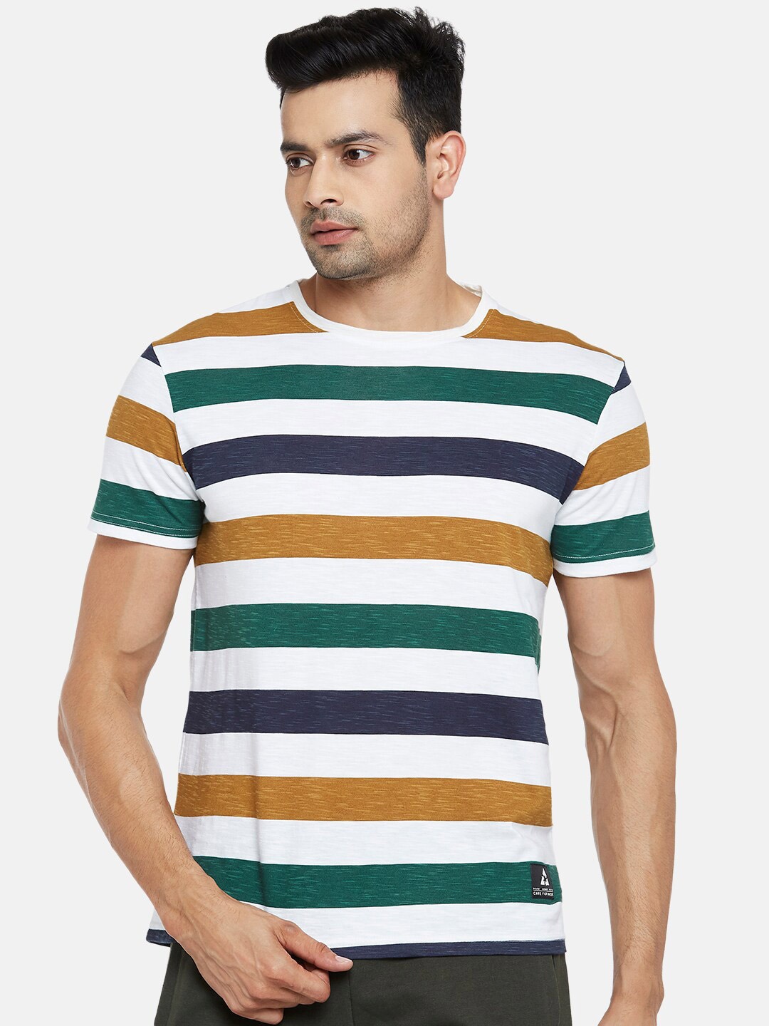 

People Men Multicoloured Striped Pure Cotton T-shirt, Multi