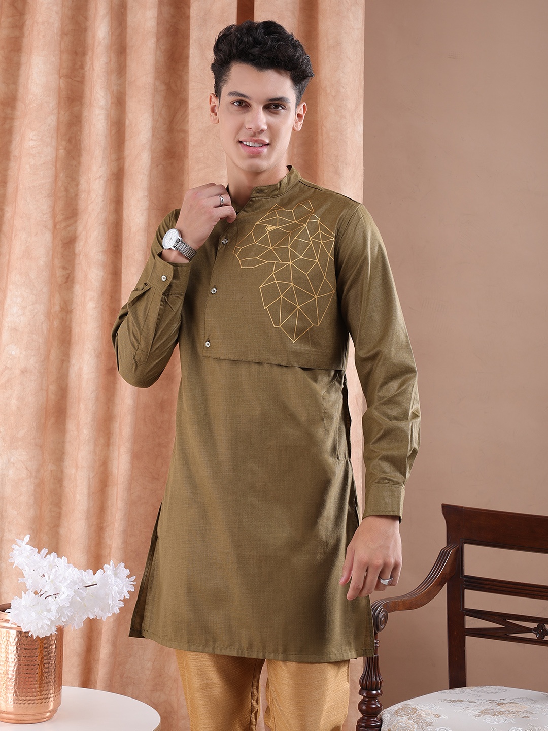 

The Indian Garage Co Men Brown Solid Angrakha Kurta with Printed Detailing