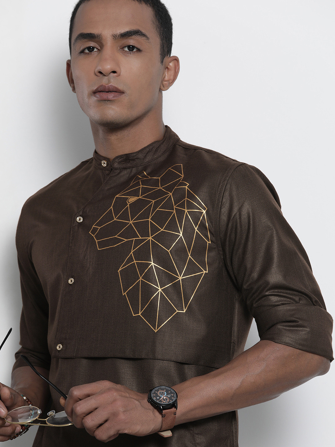 

The Indian Garage Co Men Brown Printed Detail Layered Kurta