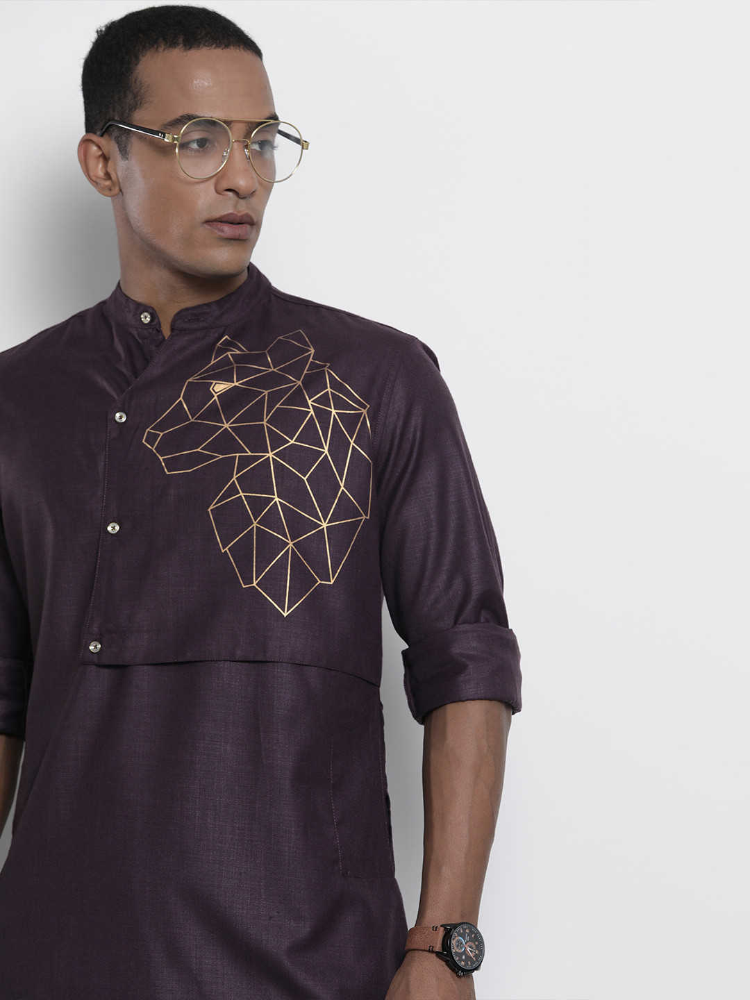 

The Indian Garage Co Men Purple Printed Detail Layered Kurta
