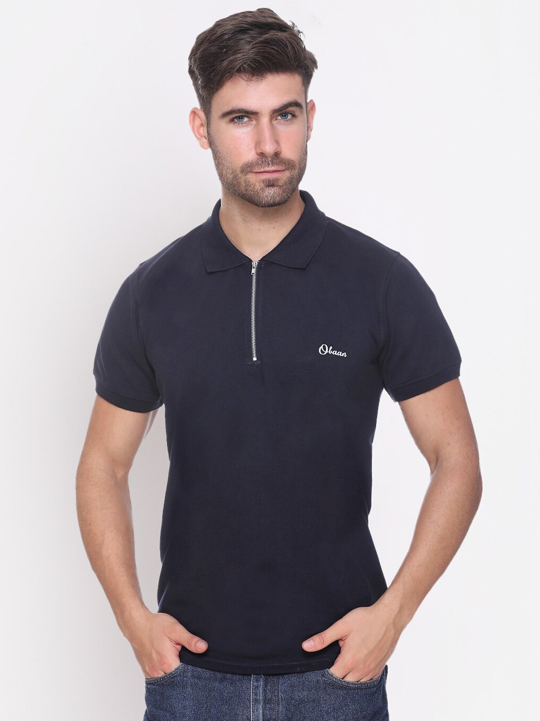 

Obaan Men Navy Blue Polo Collar T-shirt