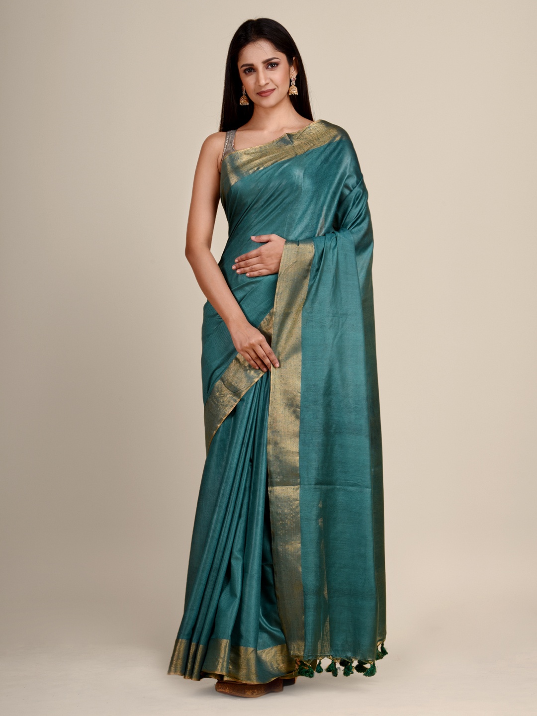 

Arhi Teal & Gold-Toned Zari Saree